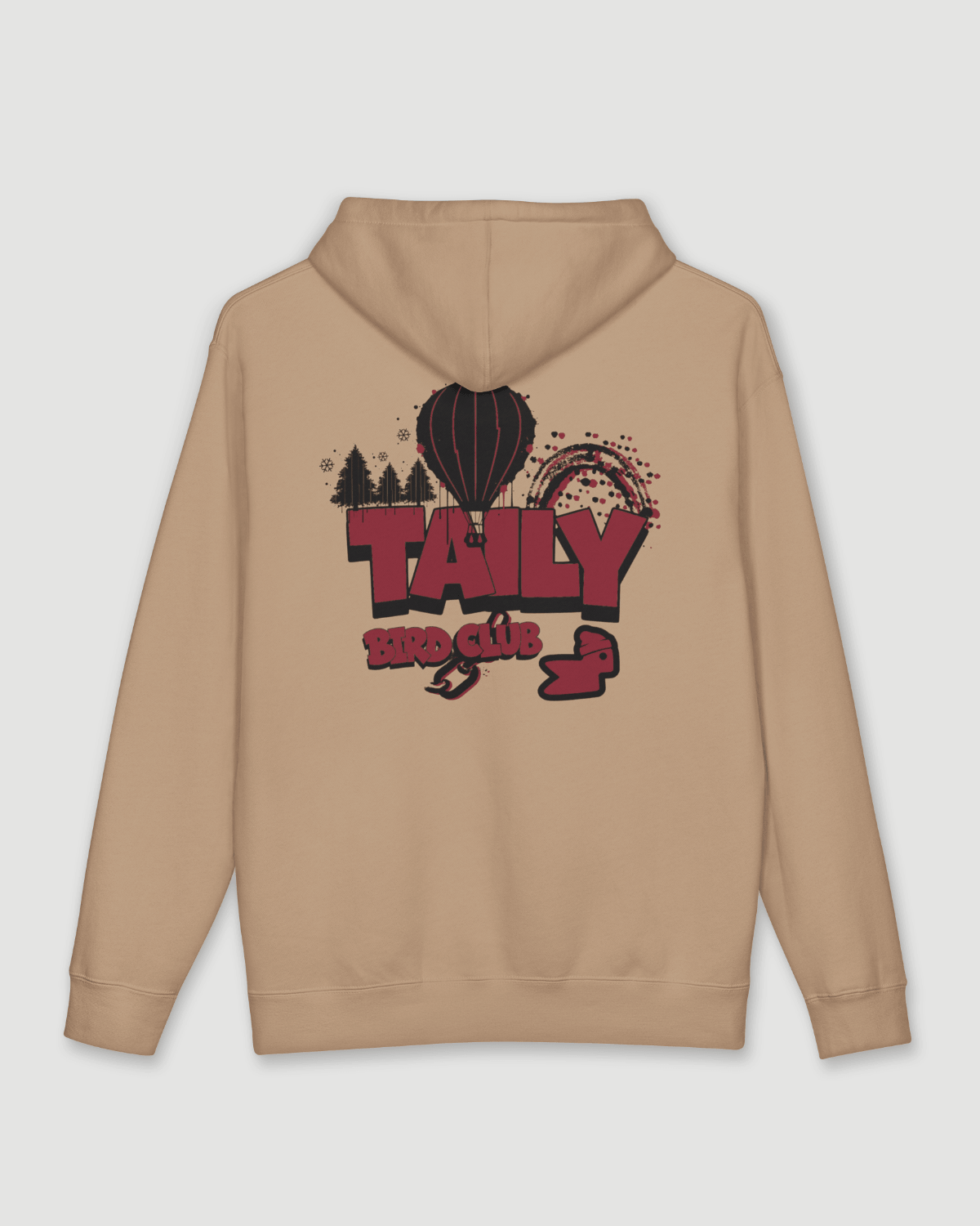 Taily Bird Parkland Hoodie – Sandstone displaying back graphic with hot air balloon and trees
