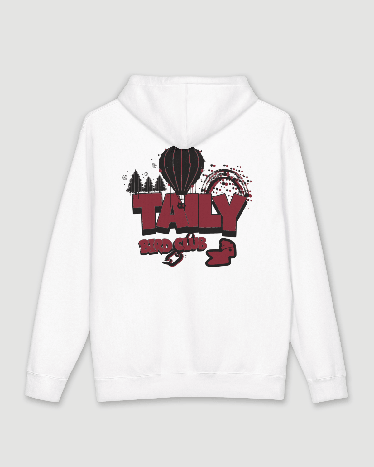 Taily Bird Parkland Hoodie – White showcasing the vibrant back graphic design featuring a hot air balloon.