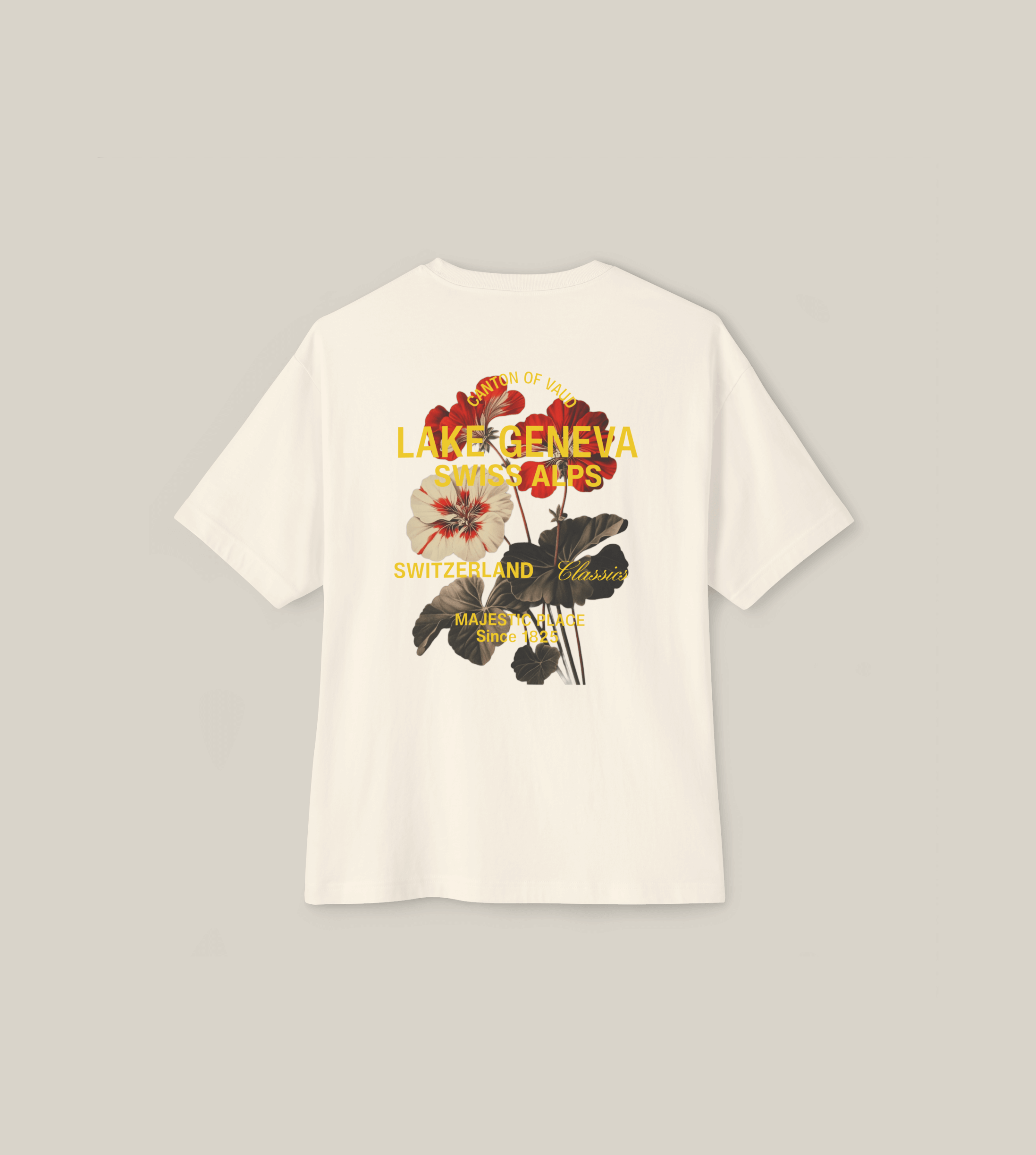 Vintage boxy t-shirt in natural featuring Swiss Alps floral graphic and Lake Geneva text on back.