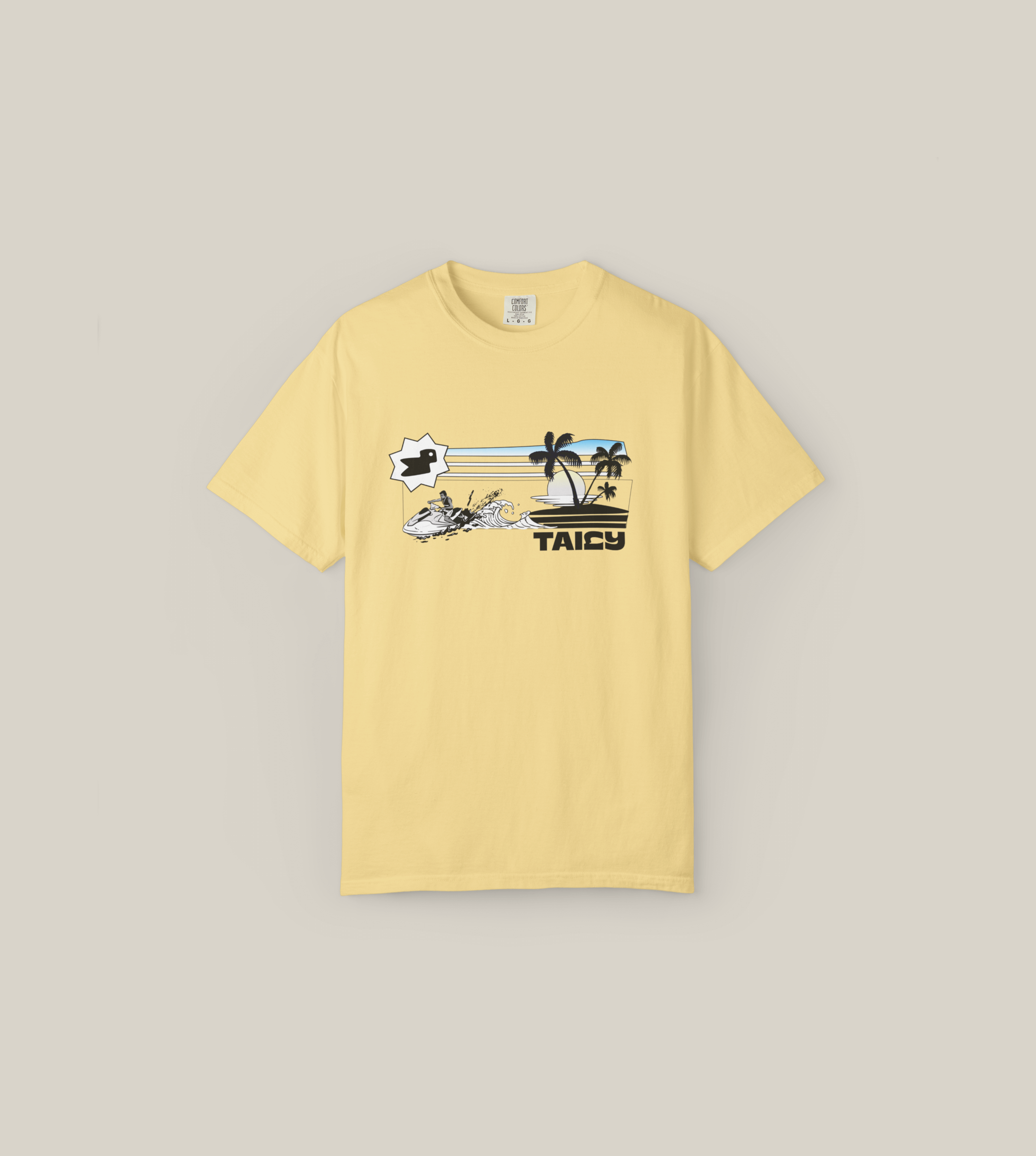 Taily Summer Souvenir Tee in yellow featuring retro jet ski splash and palm graphics, perfect for summer enthusiasts.