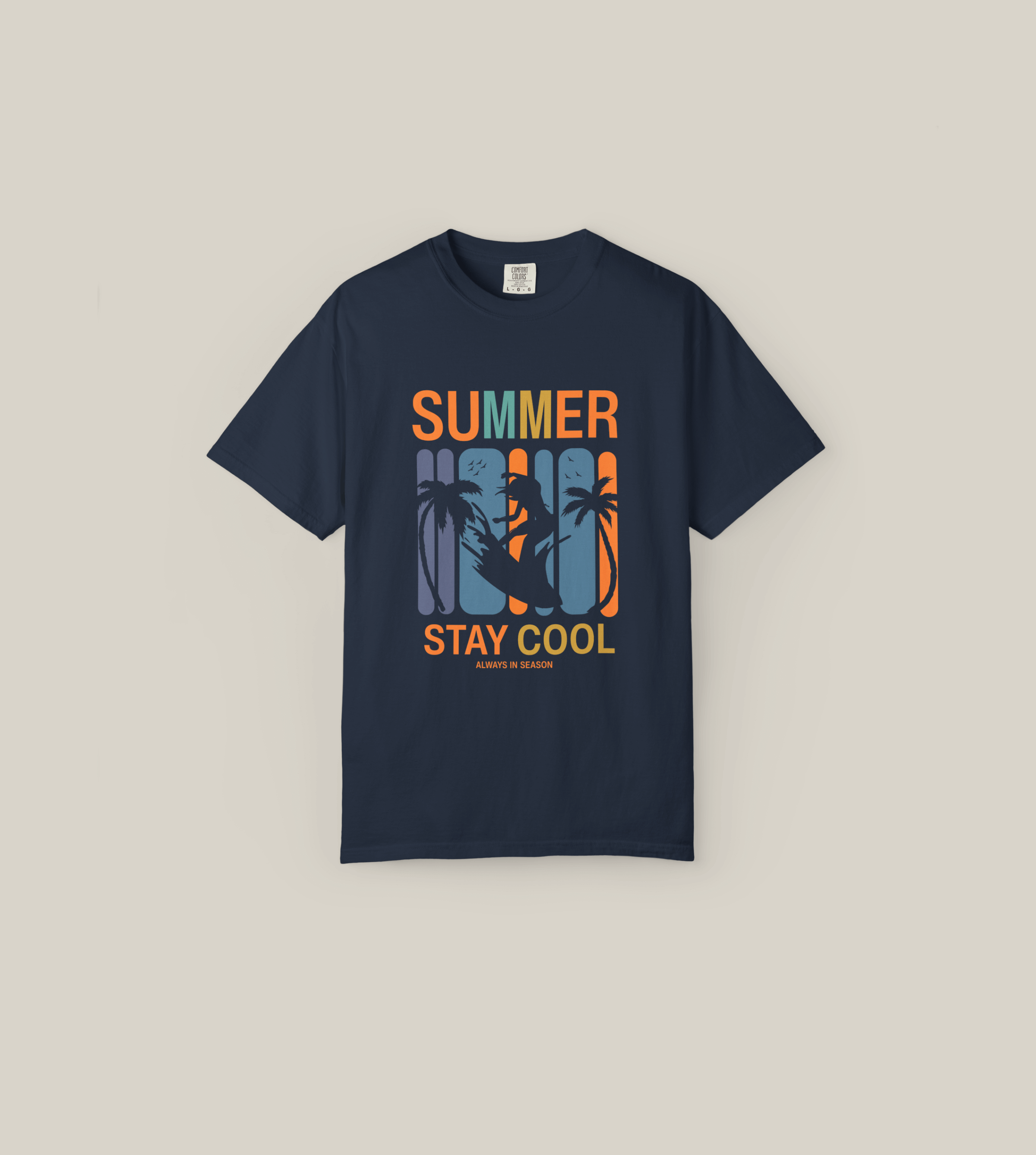 Summer Stay Cool T-Shirt with bold graphic, surfer silhouette and retro color blocks, perfect for beach vibes.