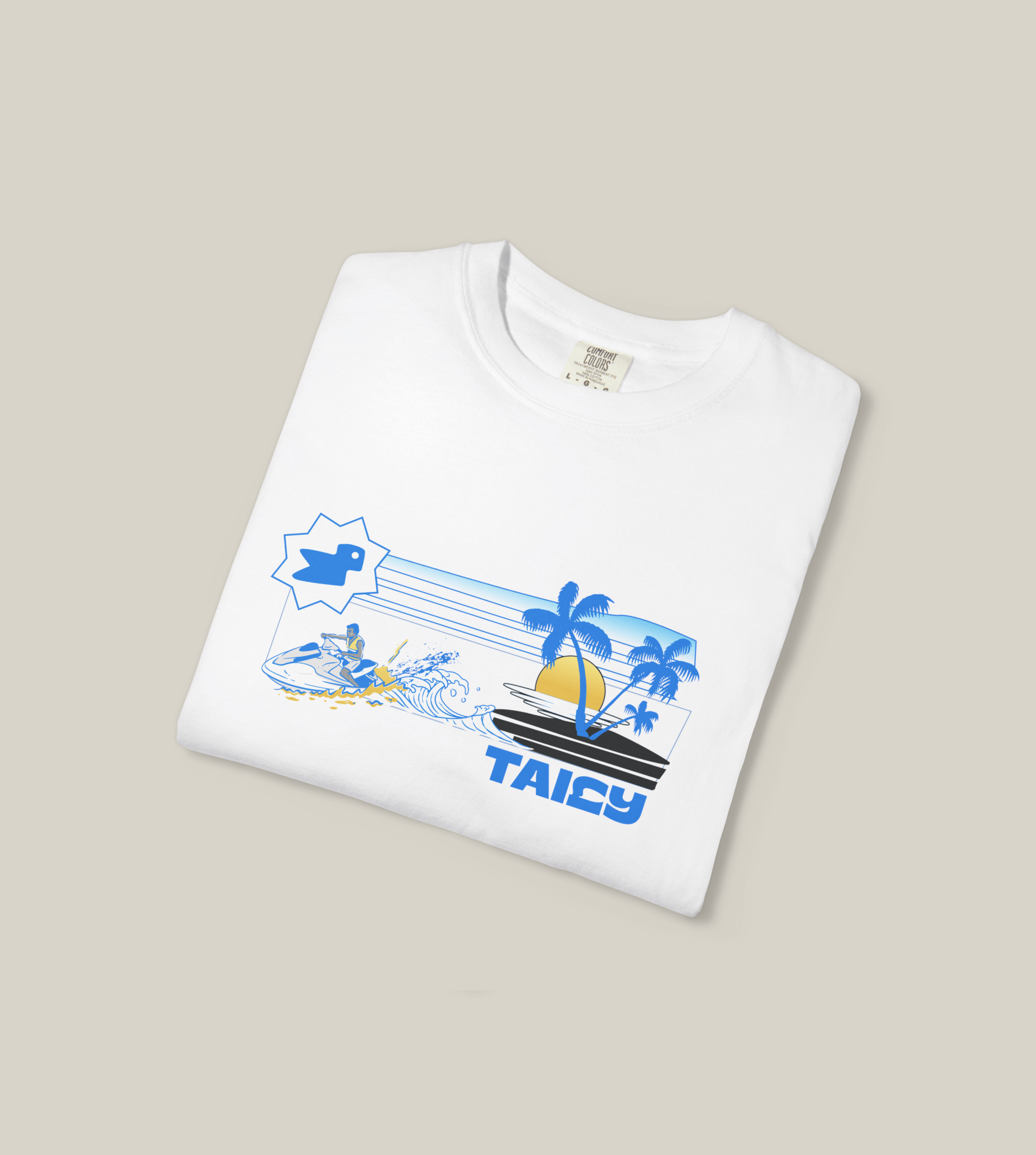 Taily Jet Splash graphic t-shirt in white with jet ski and palm tree design, perfect for summer streetwear style.