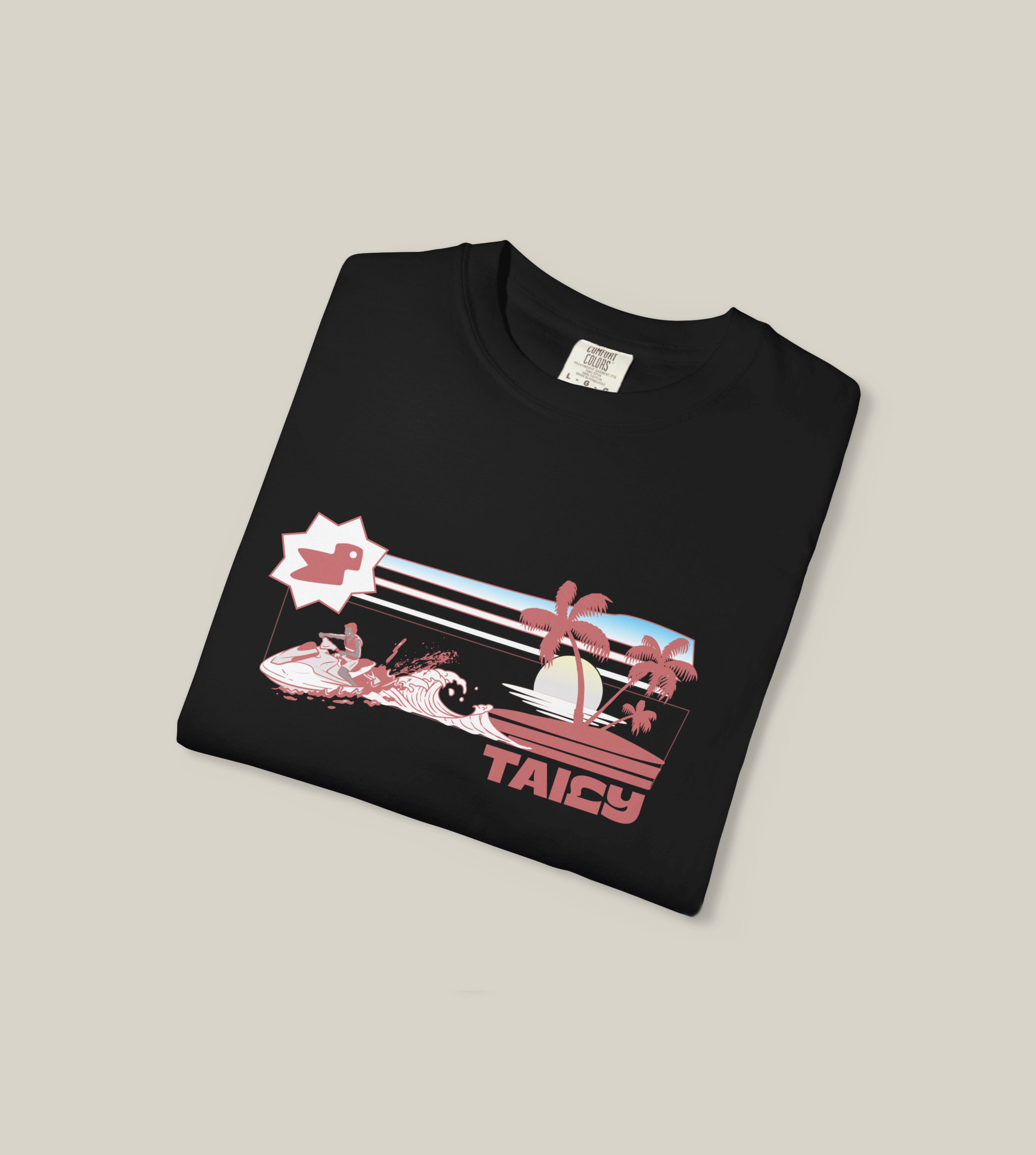 Taily Summer Souvenir Tee featuring jet ski splash, retro palm design, and bold logo on a black shirt.