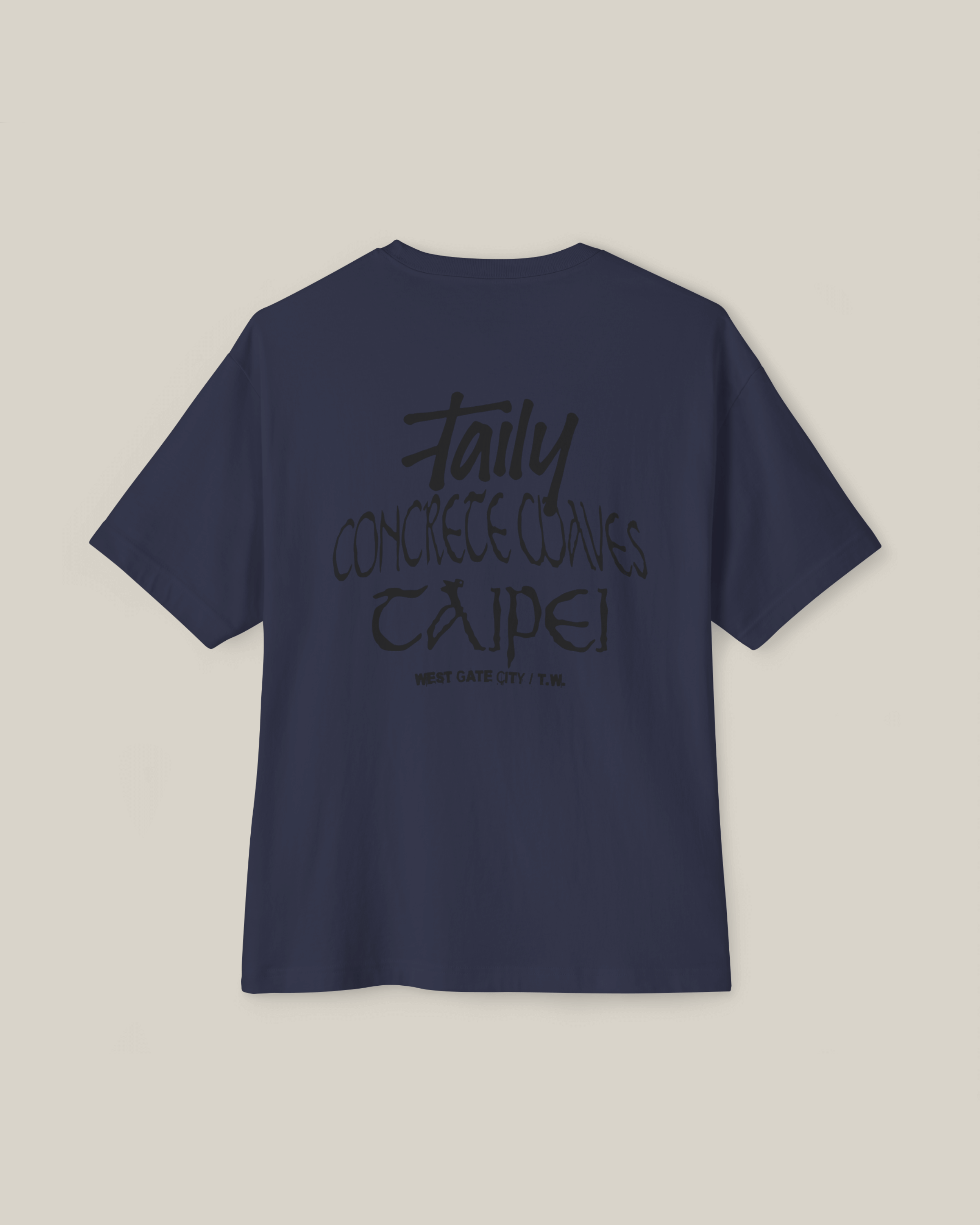 Taily Concrete Waves Taipei Streetwear Boxy T-Shirt in navy, featuring a bold design and relaxed fit.