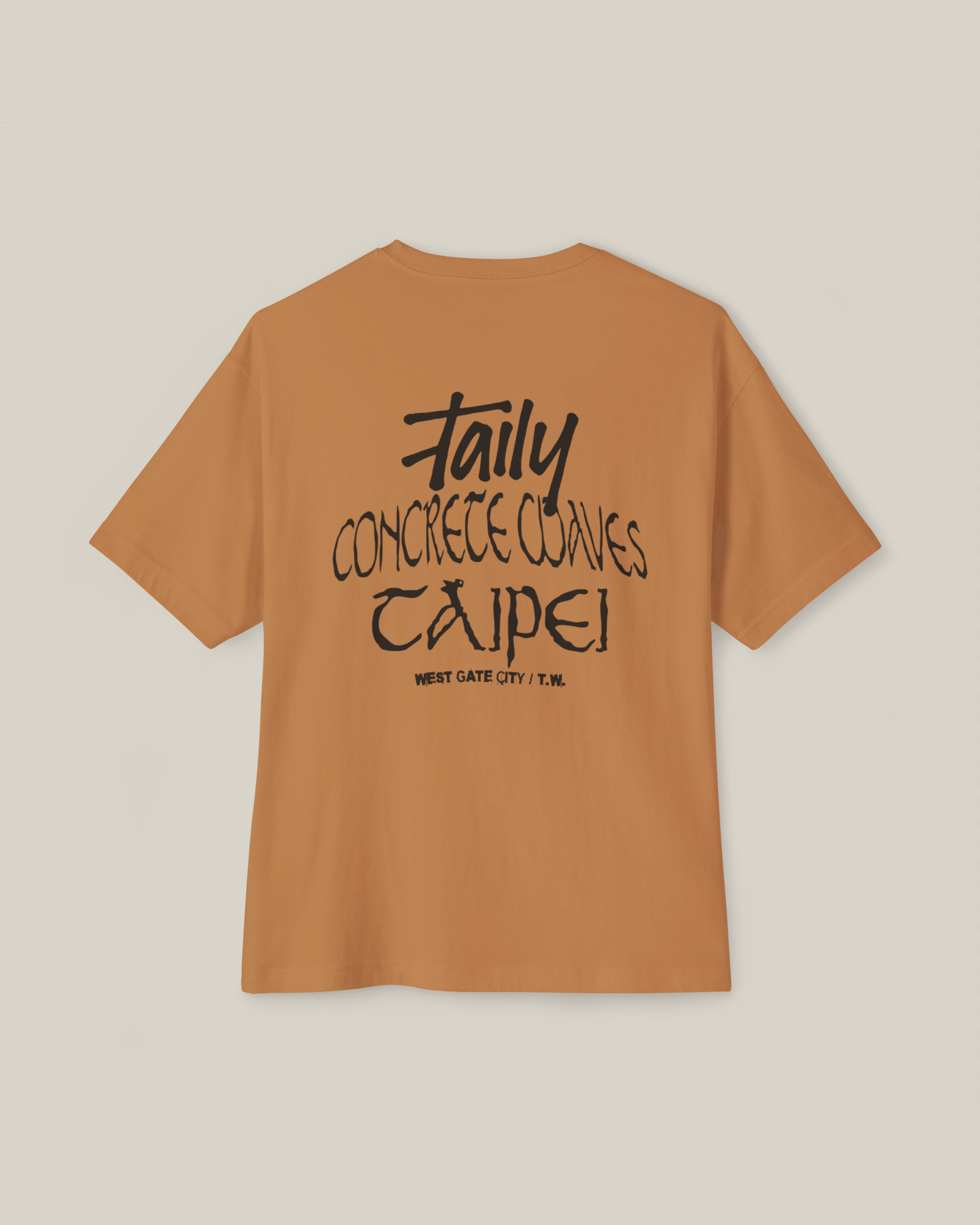 Taily Concrete Waves Taipei Streetwear Boxy T-Shirt in toast with bold back lettering and relaxed fit.