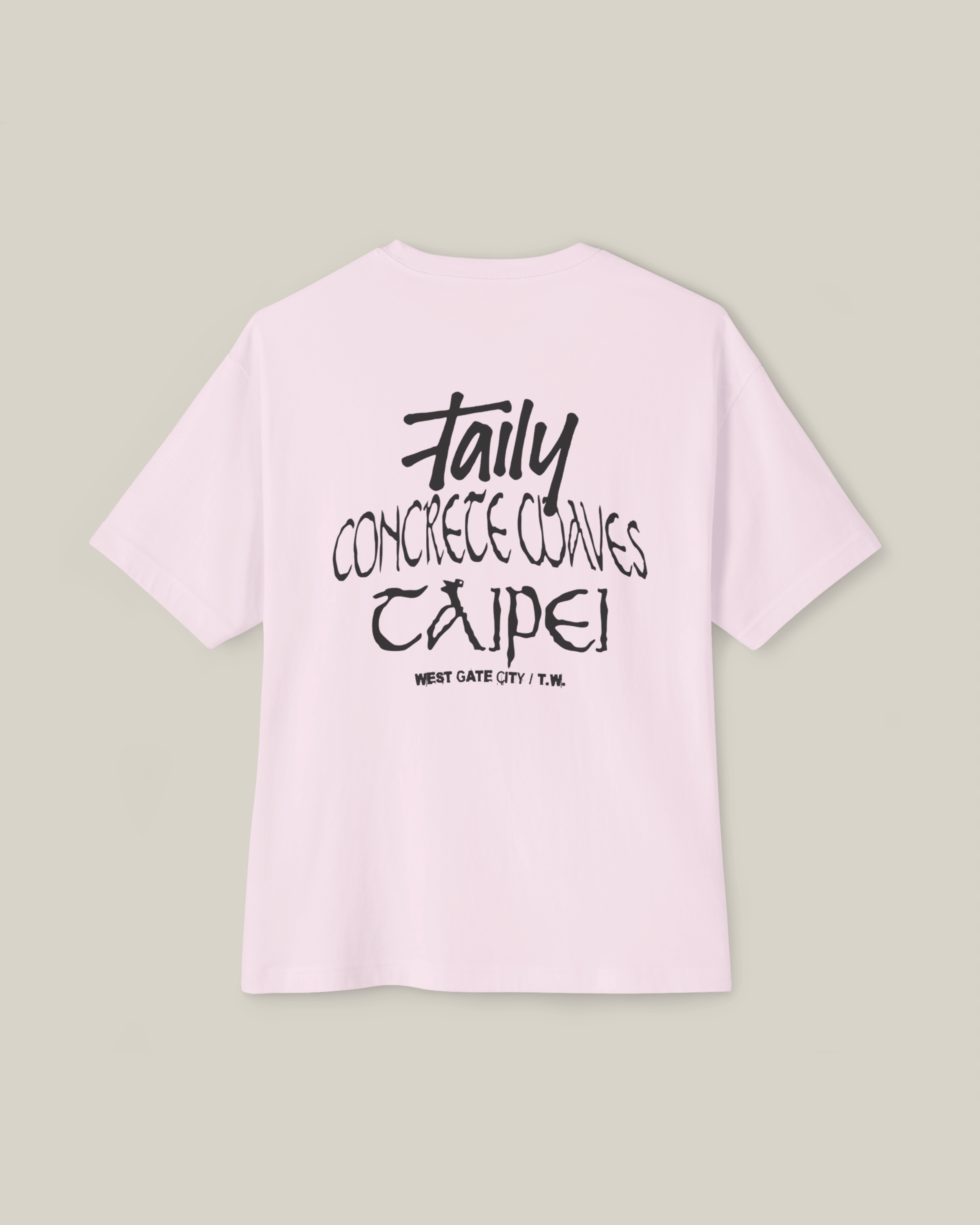 Taily Concrete Waves Taipei Streetwear Boxy T-Shirt in soft pink with back graphic and logo.