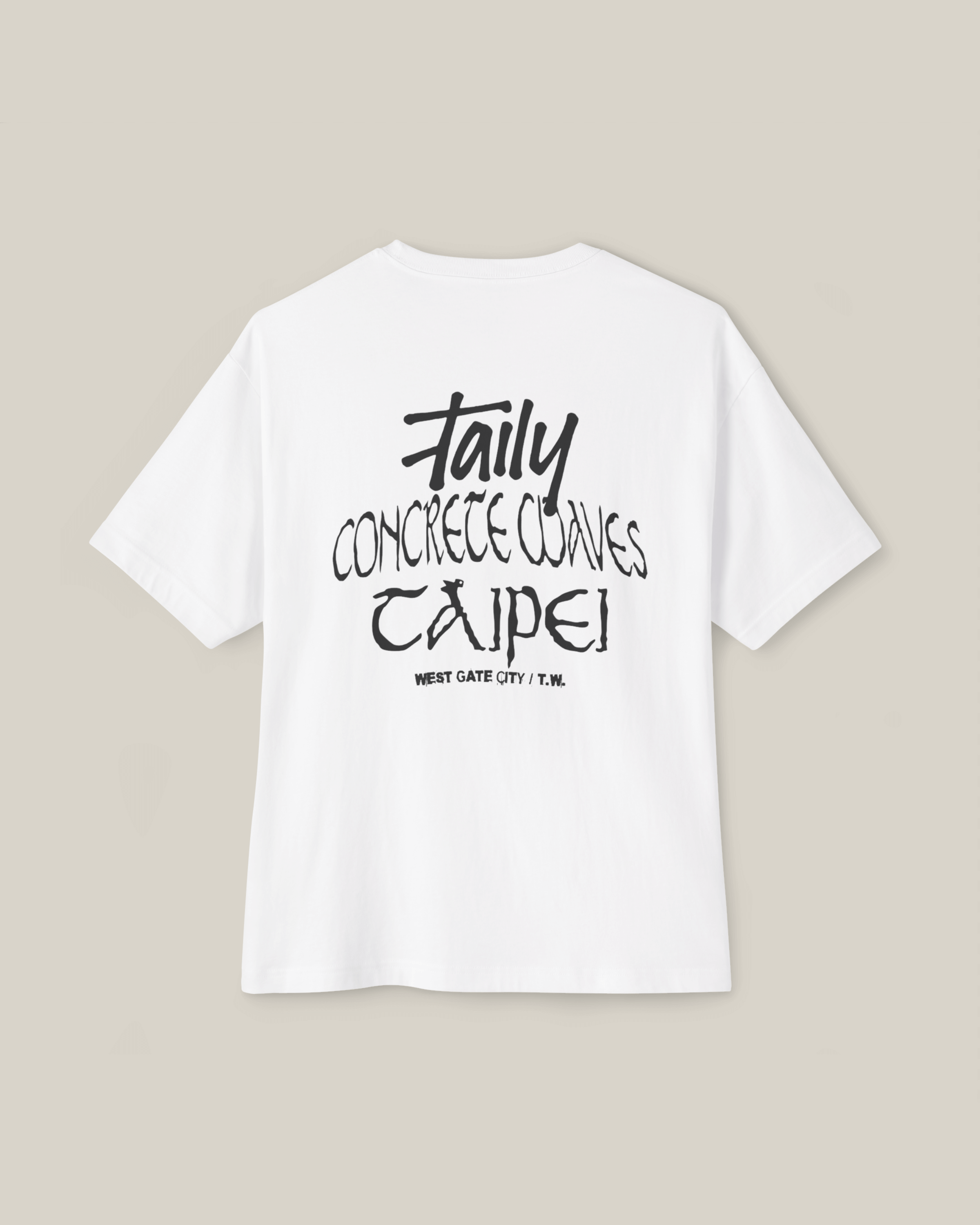 Taily Concrete Waves Taipei Streetwear Boxy T-Shirt in white with back logo and lettering, streetwear boxy t-shirt.