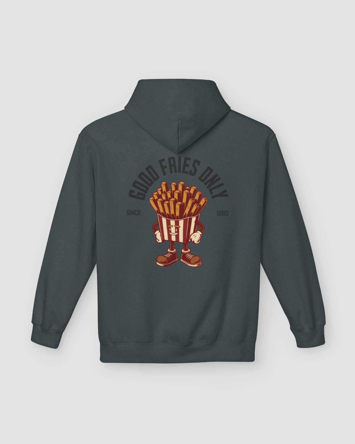 Good Fries Only Retro French Fries Hoodie – Dark Heather back view with retro fries character graphic.