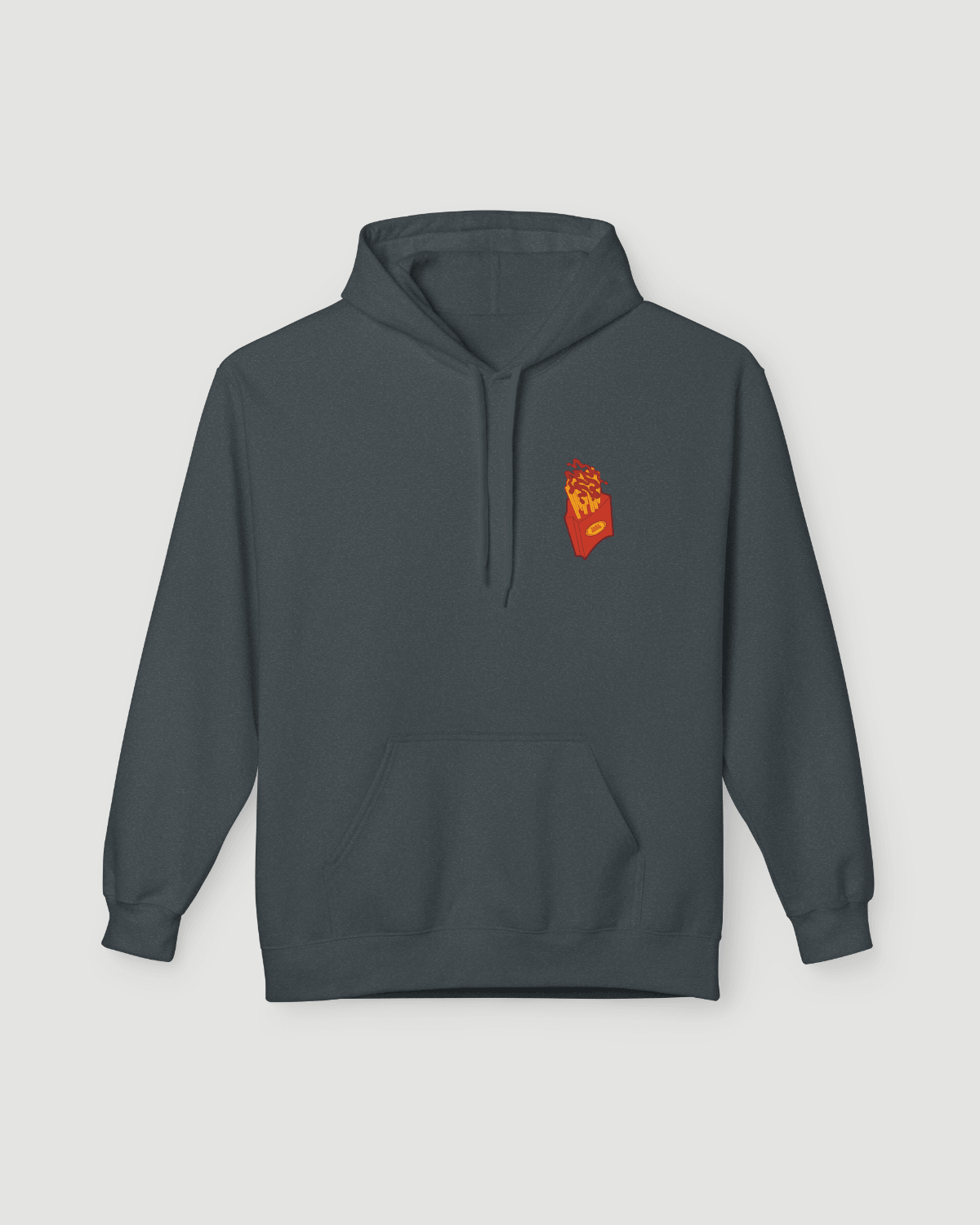 Good Fries Only Retro French Fries Hoodie – Dark Heather with vibrant fries graphic on chest.