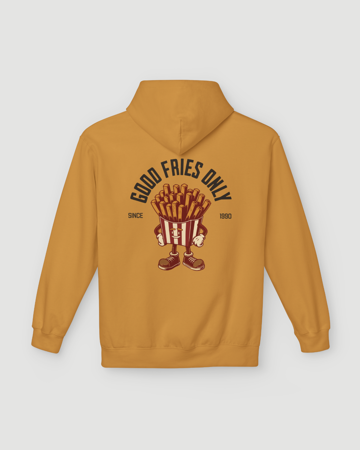 Good Fries Only Retro French fries hoodie in mustard color with graphic print of fries and text.