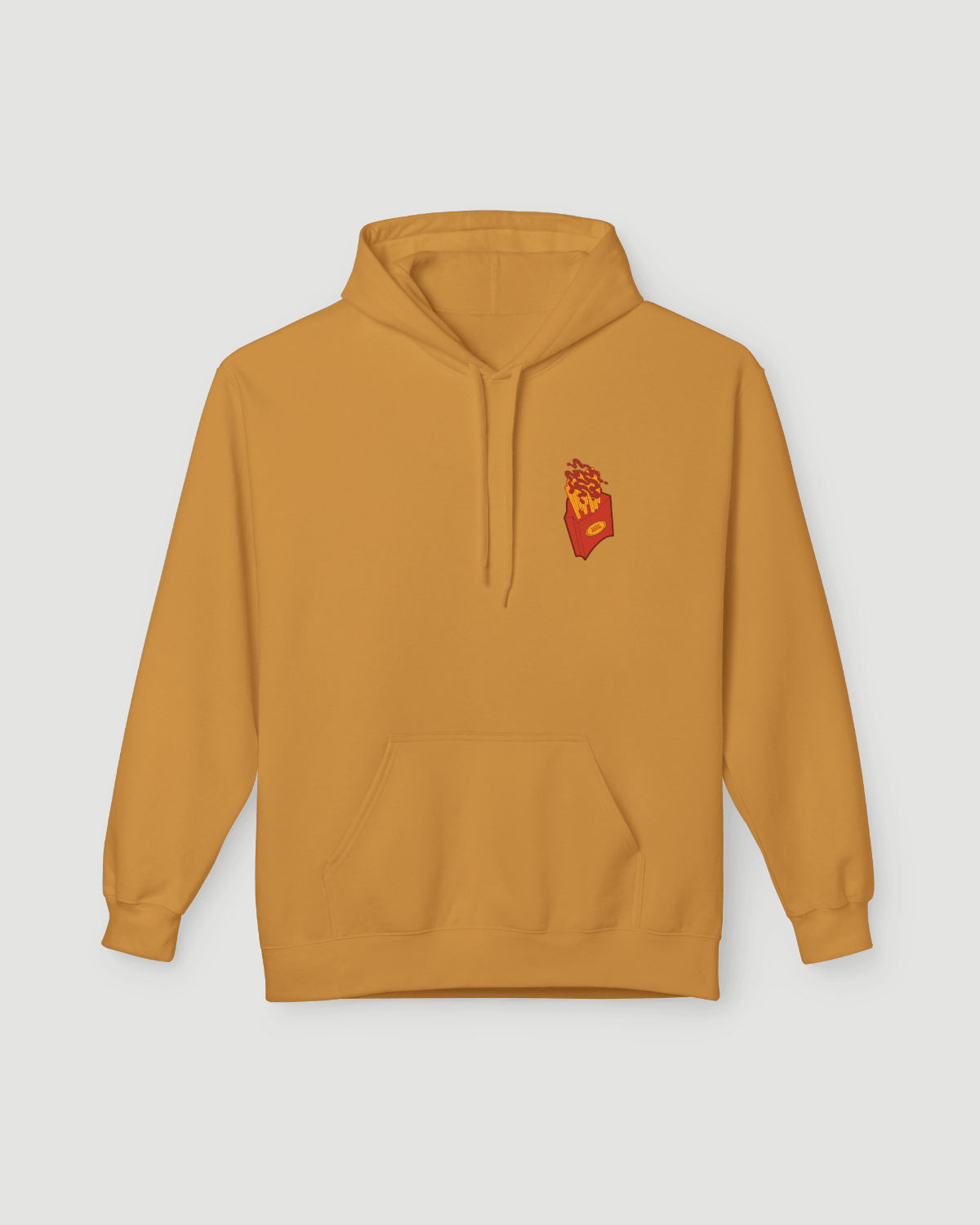 Good Fries Only Retro French Fries Hoodie – Mustard with fries graphic in vibrant color.