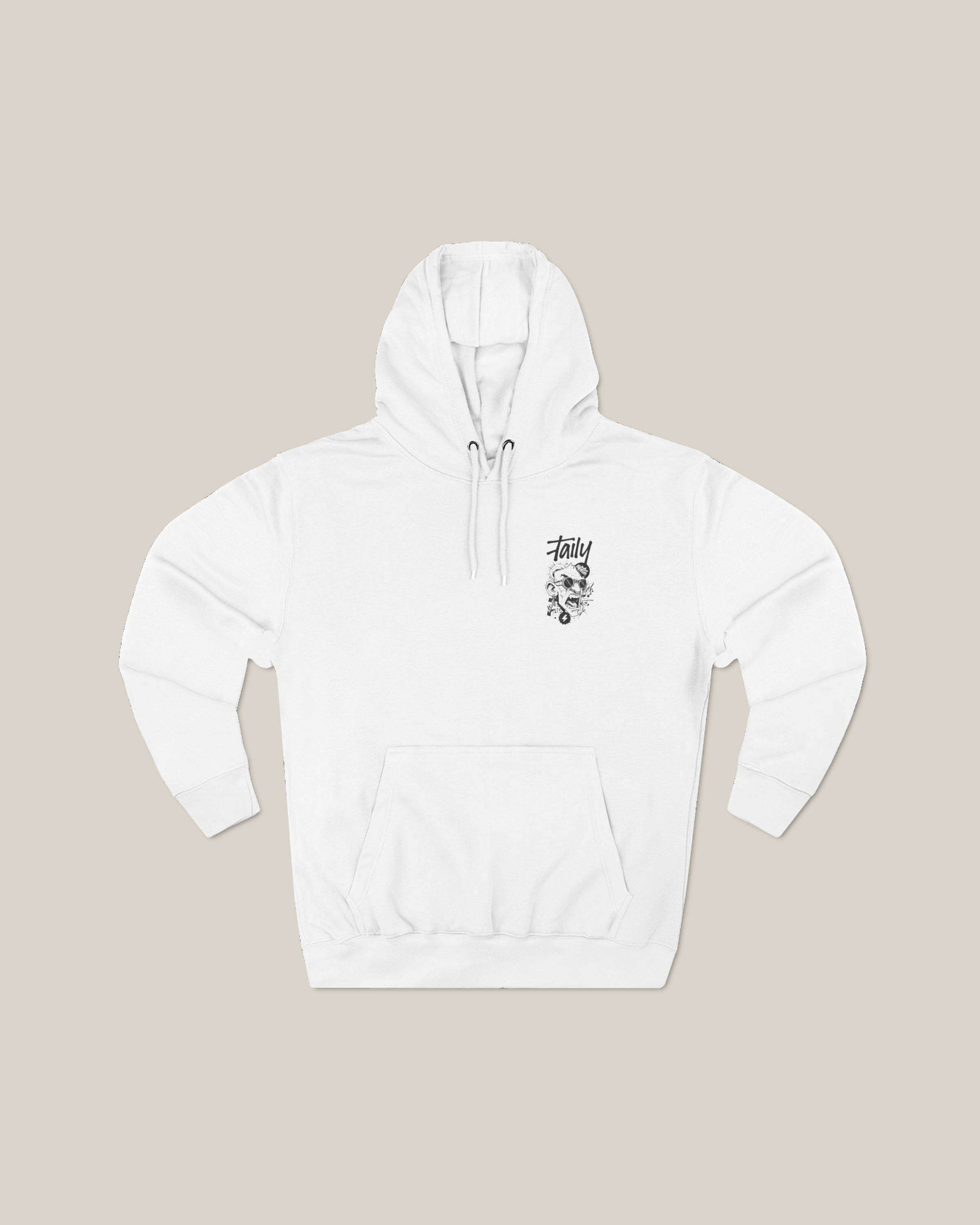 Taily Rage streetwear graphic hoodie in white showcasing front logo design.