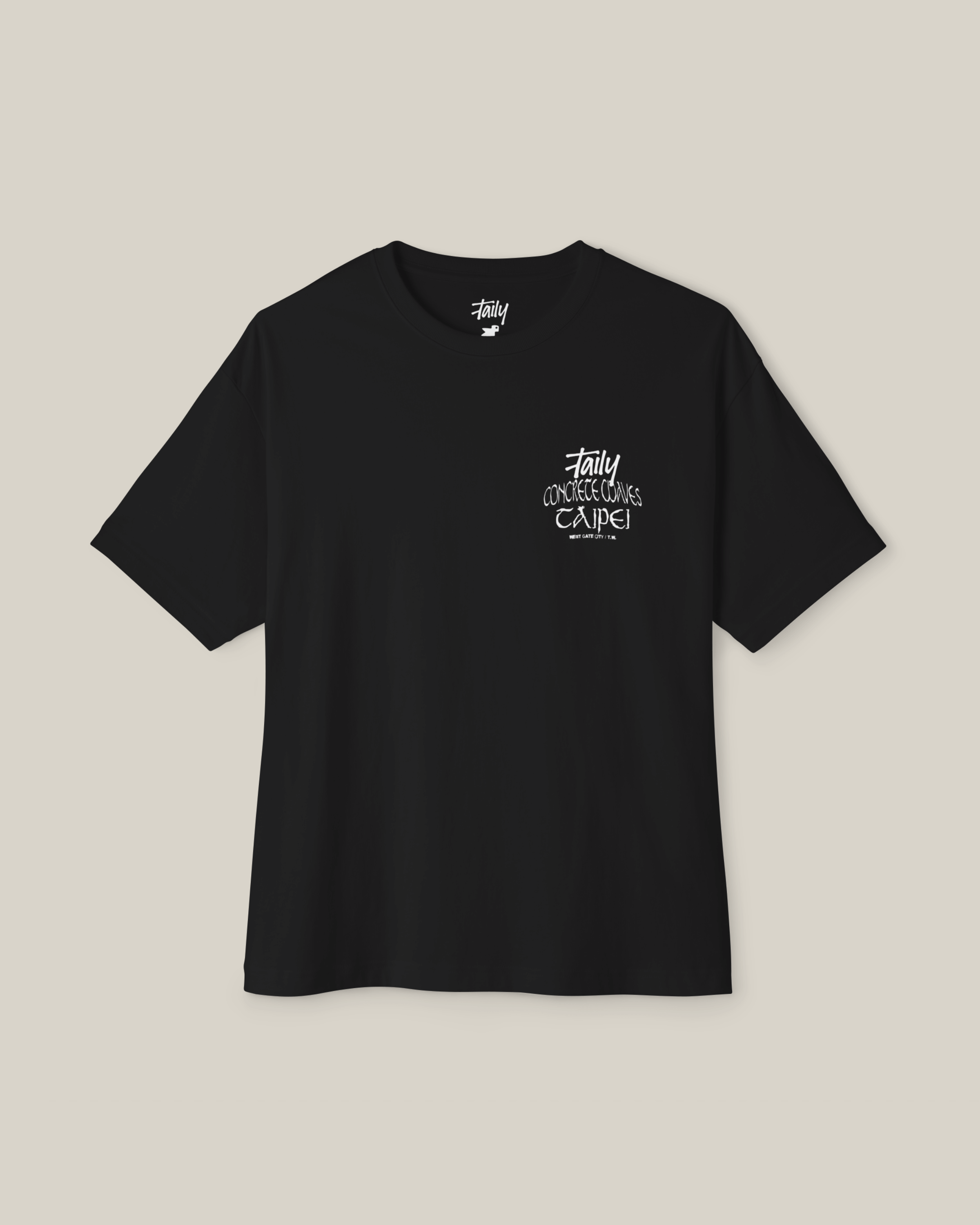 Taily Concrete Waves Taipei Streetwear Boxy T-Shirt in black with logo and TAIPEI lettering on back.
