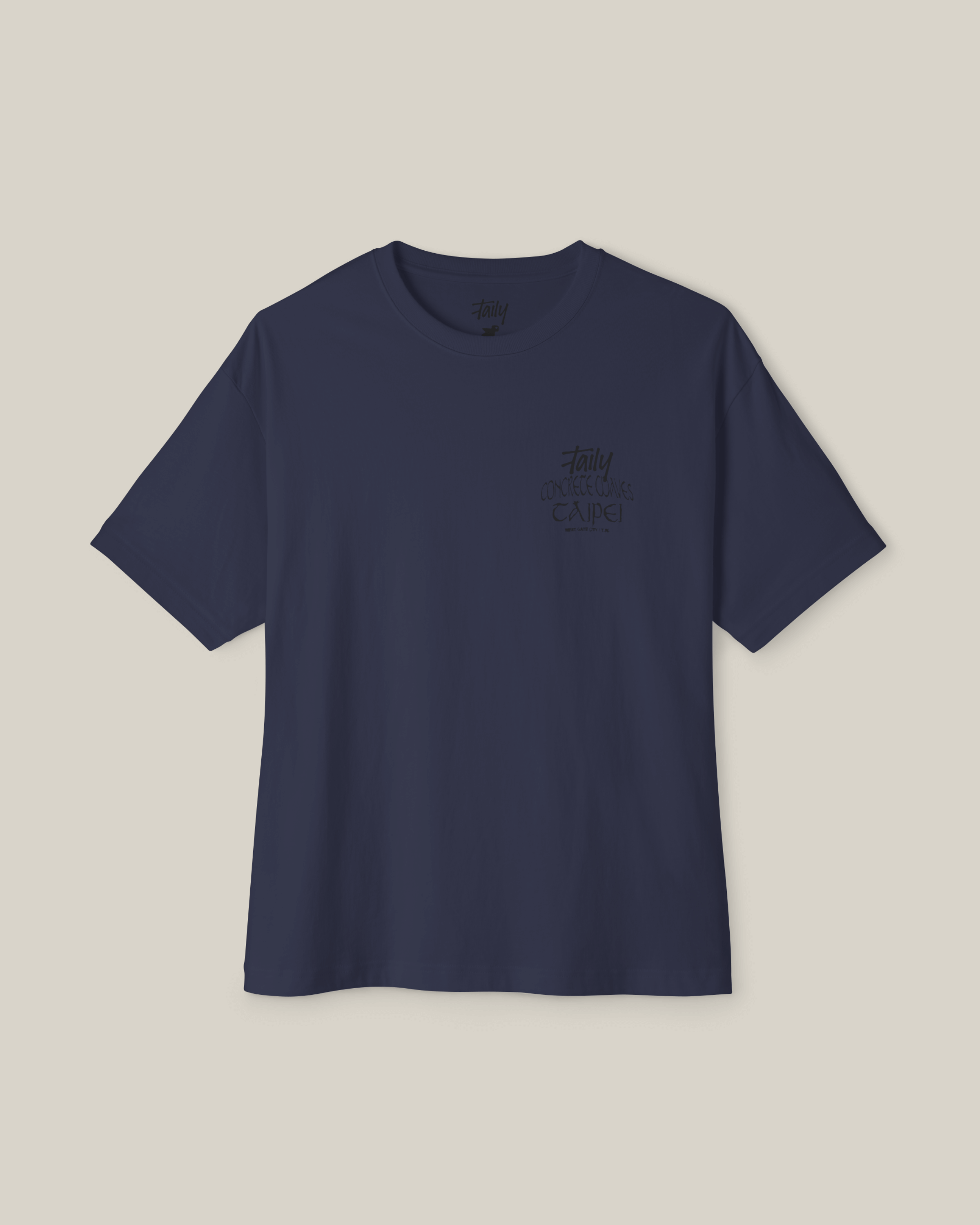 Taily Concrete Waves Taipei Streetwear Boxy T-Shirt in navy with clean chest logo and bold TAIPEI lettering.