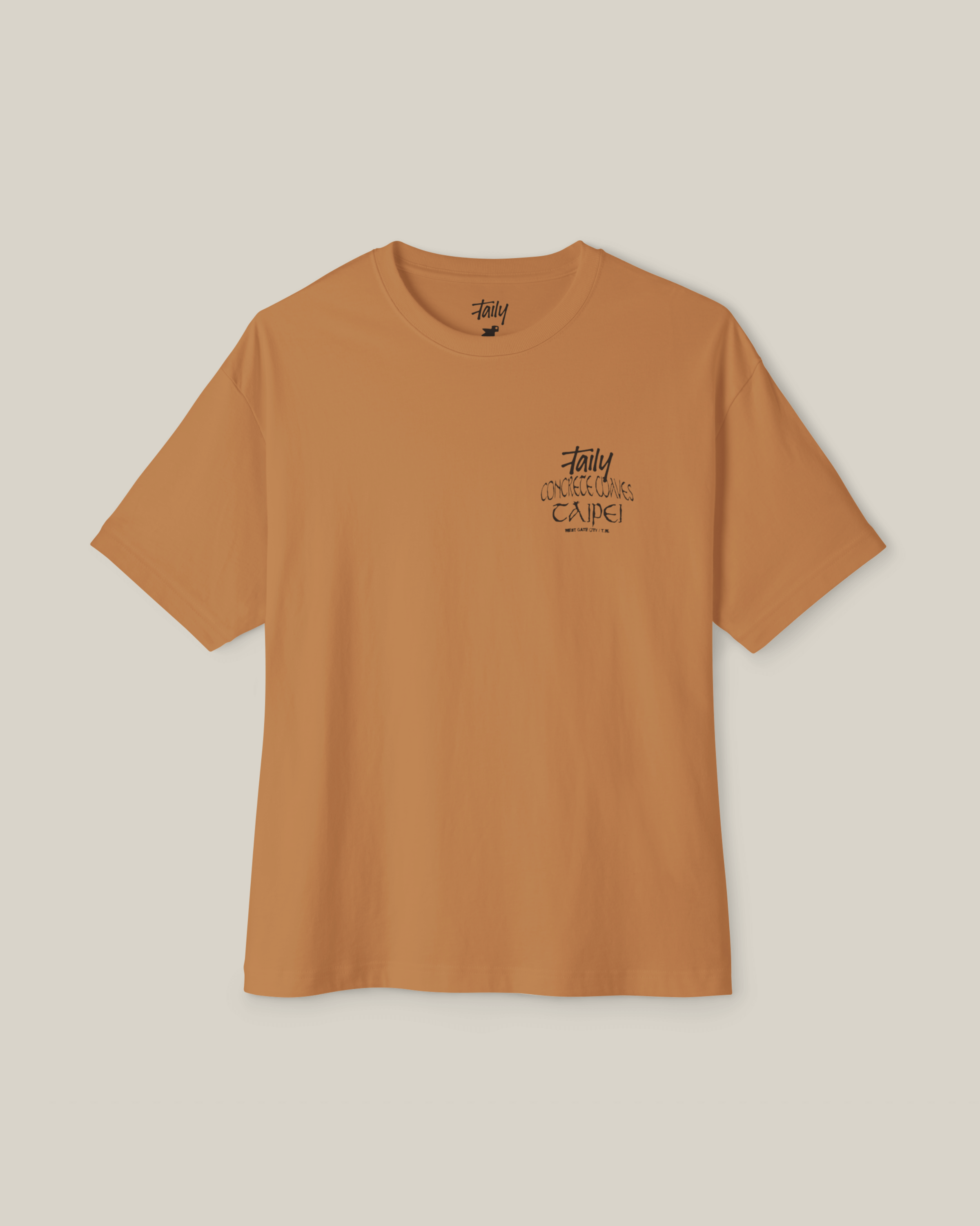 Taily Concrete Waves Taipei Streetwear Boxy T-Shirt in toast color with chest logo and bold lettering.