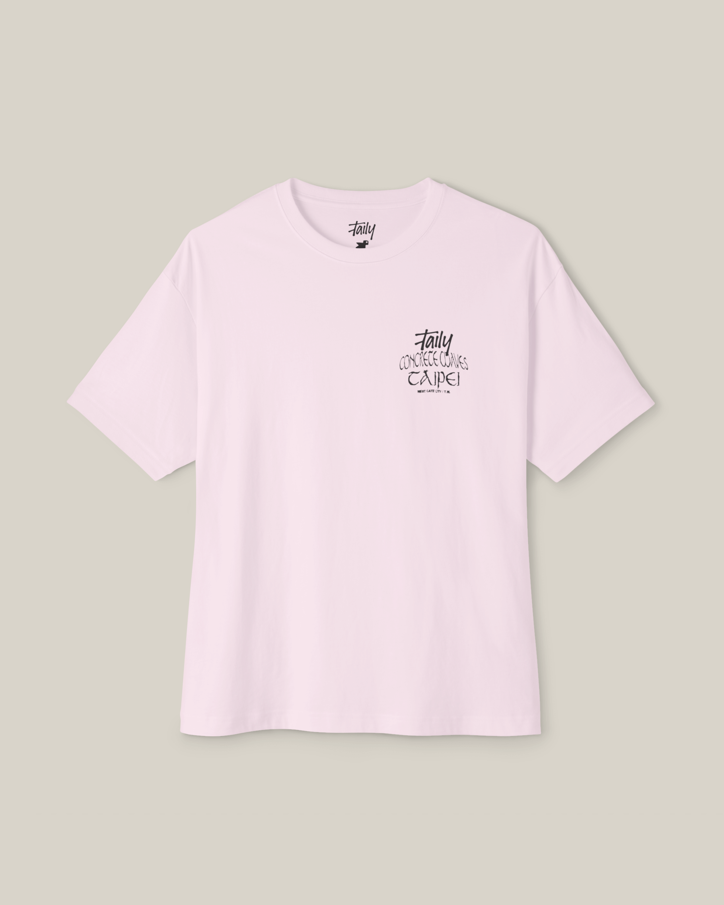 Taily Concrete Waves Taipei Streetwear Boxy T-Shirt in soft pink with logo and bold lettering.
