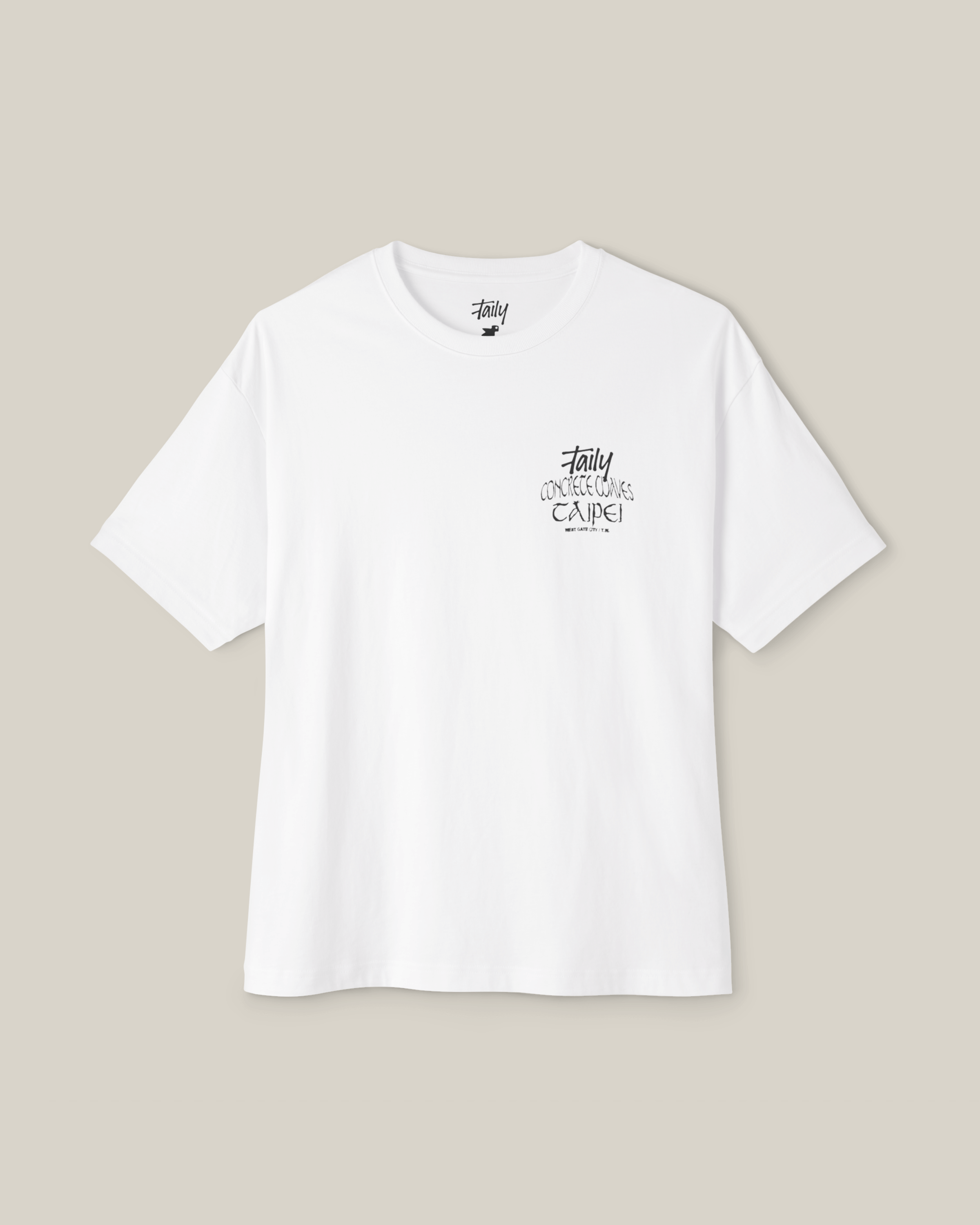Taily Concrete Waves Taipei Streetwear Boxy T-Shirt in white with logo and TAIPEI lettering on the back.