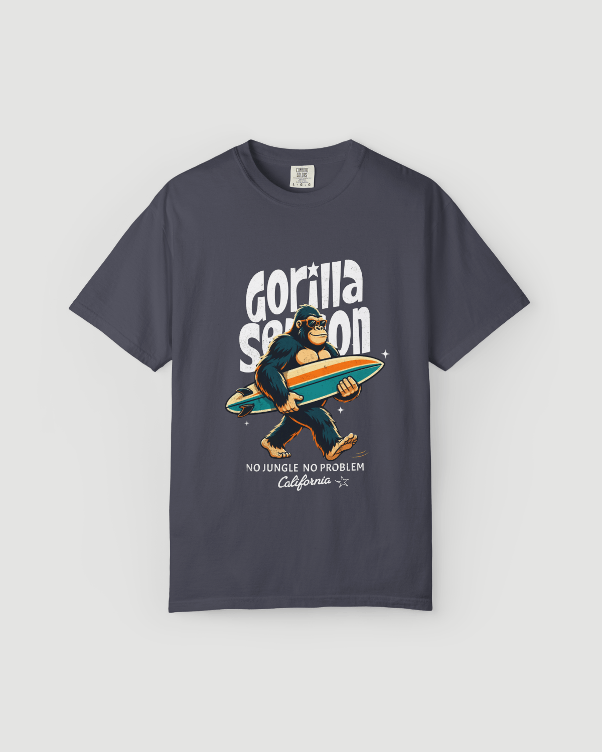 Gorilla Season Surf Tee – Navy with bold surf graphic and laid-back gorilla design on heavyweight fabric.