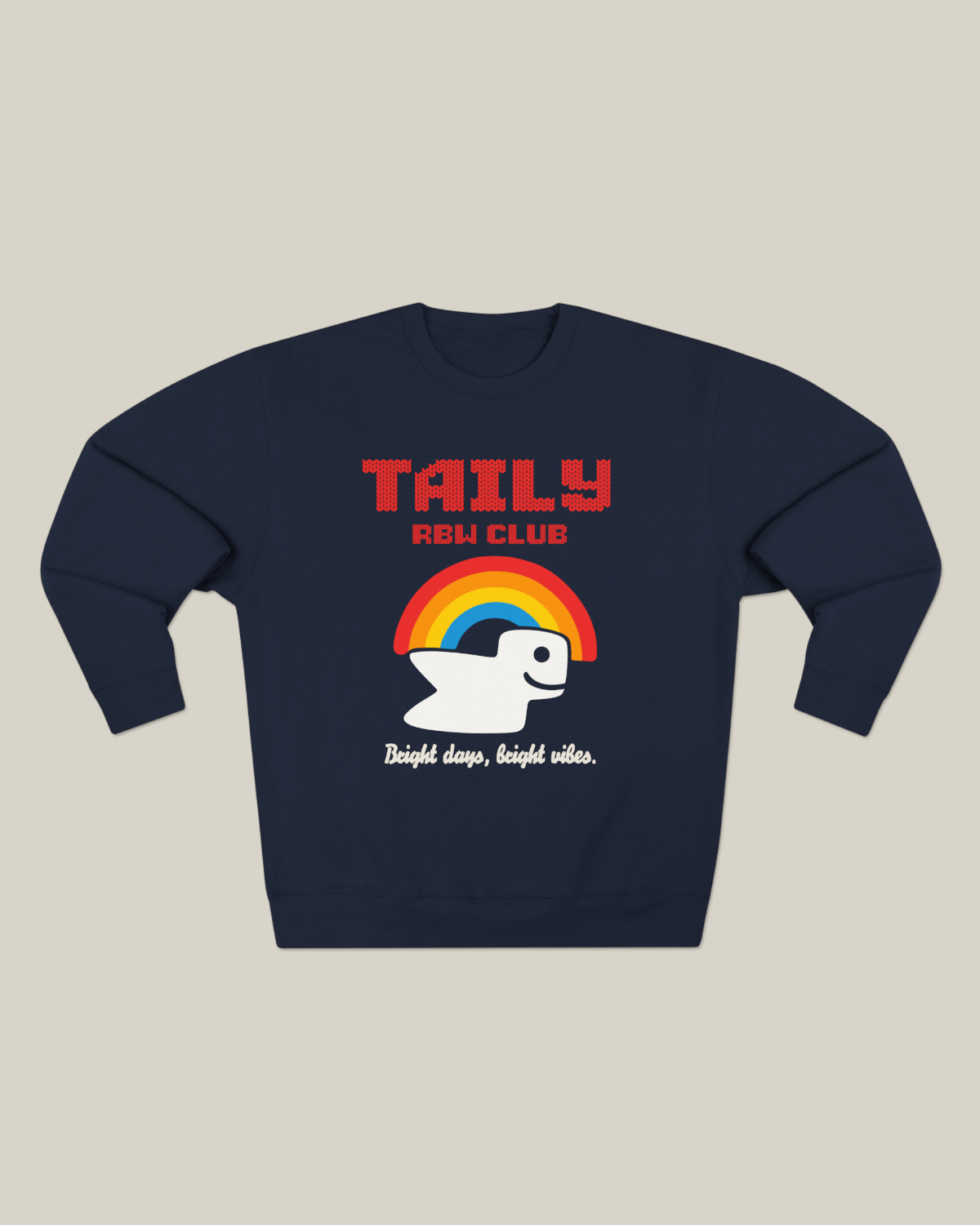 Taily RBW Club sweatshirt in navy featuring a rainbow graphic and playful design for bright days.