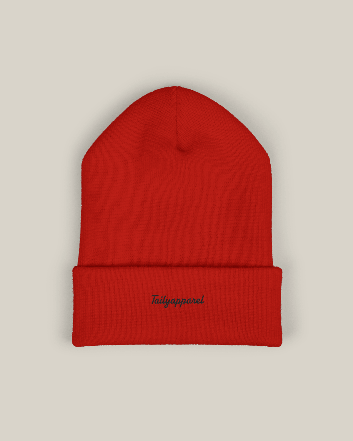 Taily embroidered beanie in pulse red with Tailyapparel script embroidery on the cuff.