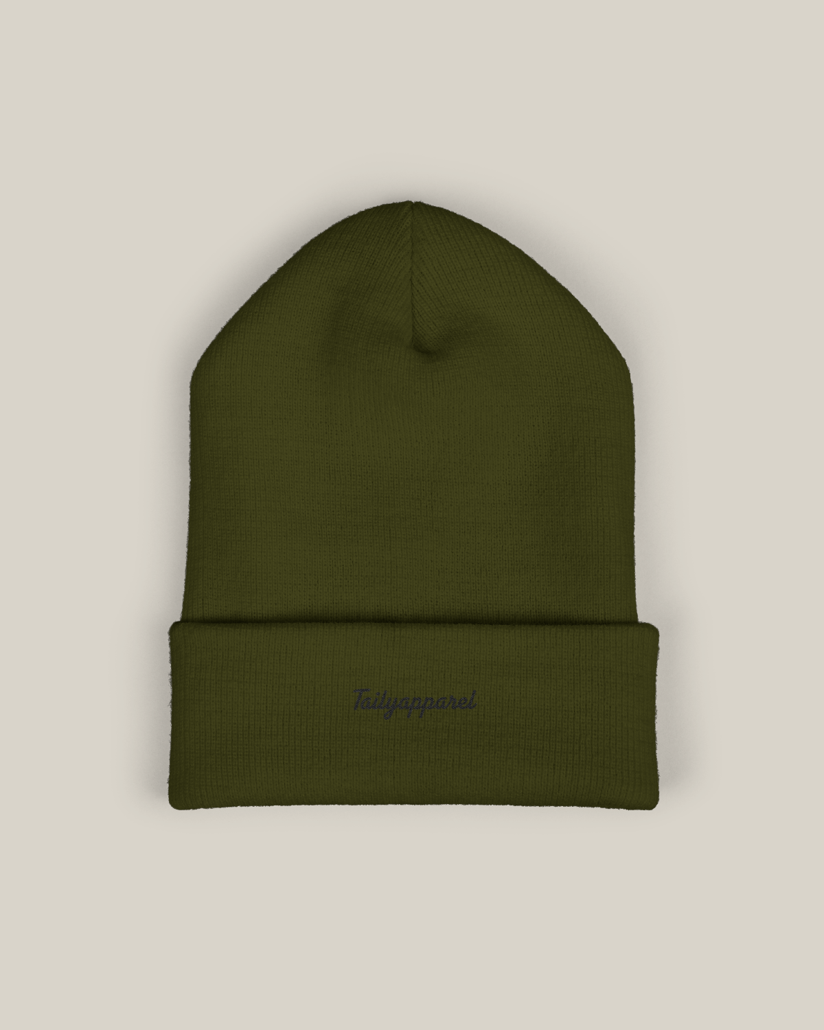 Taily embroidered beanie in deep olive script showcasing the signature Tailyapparel embroidery.