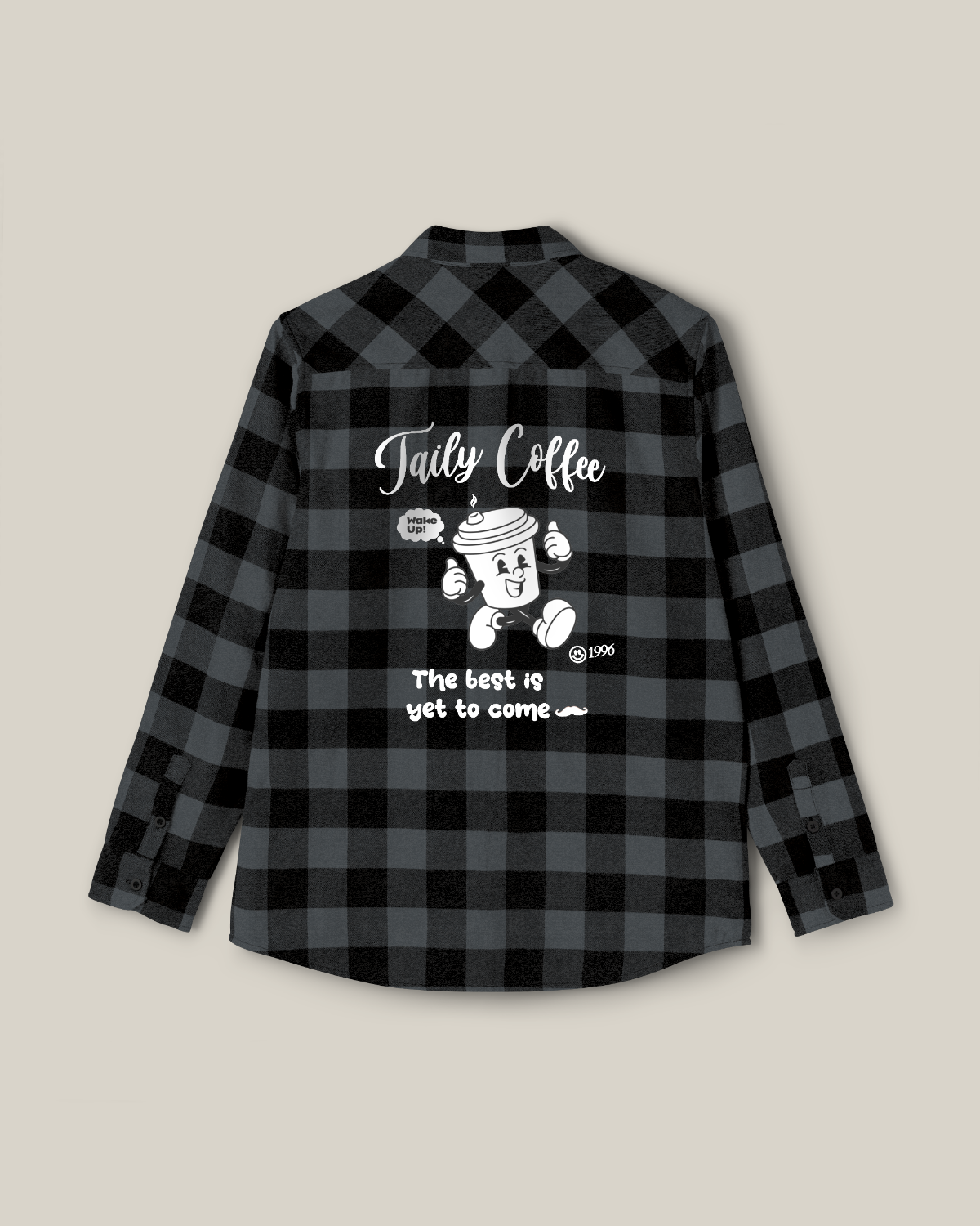 Taily Coffee flannel shirt in charcoal heather with playful coffee graphic on back.