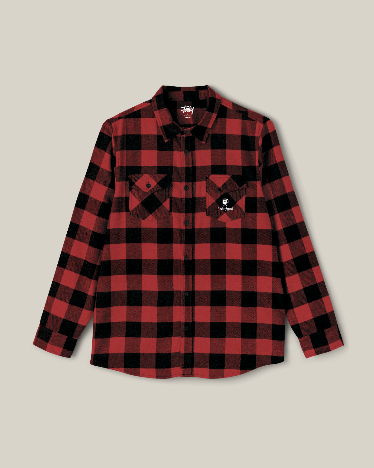 Taily Coffee flannel shirt in red with buffalo-plaid pattern, featuring front embroidery and back print character.