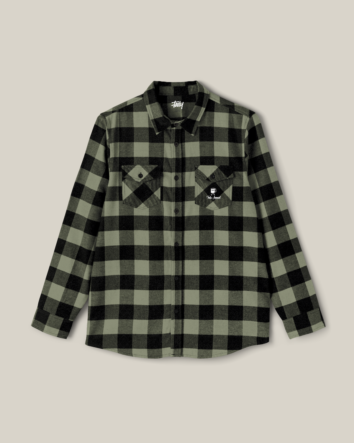 Taily Coffee flannel shirt in Olive, featuring classic buffalo plaid pattern with embroidered front pocket.