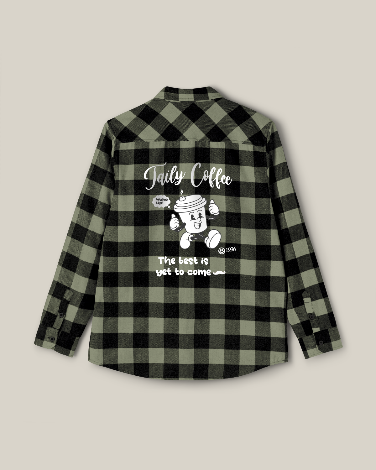 Taily Coffee flannel shirt in Olive showcasing the playful back graphic and buffalo plaid design.