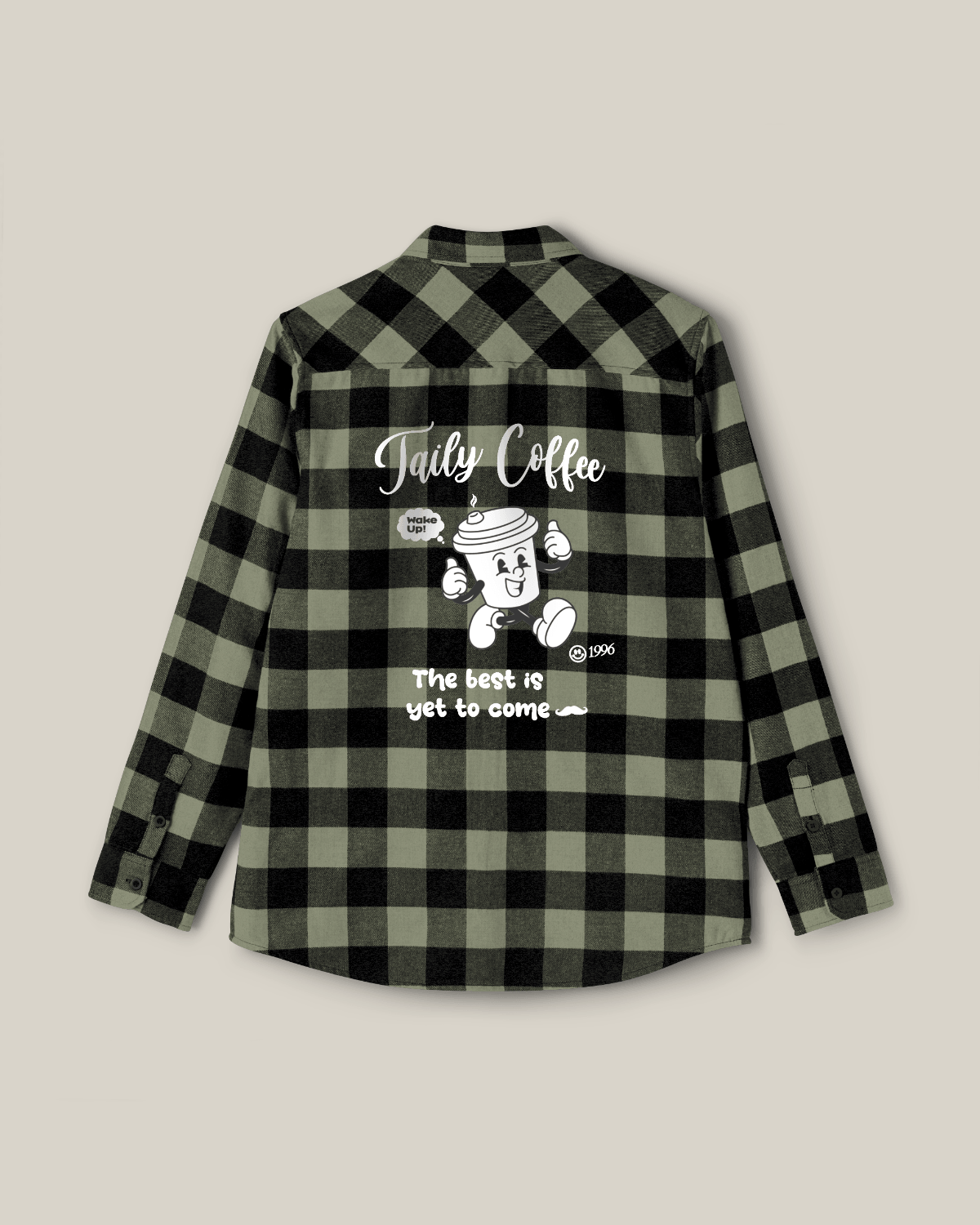 Taily Coffee flannel shirt in Olive showcasing the playful back graphic and buffalo plaid design.