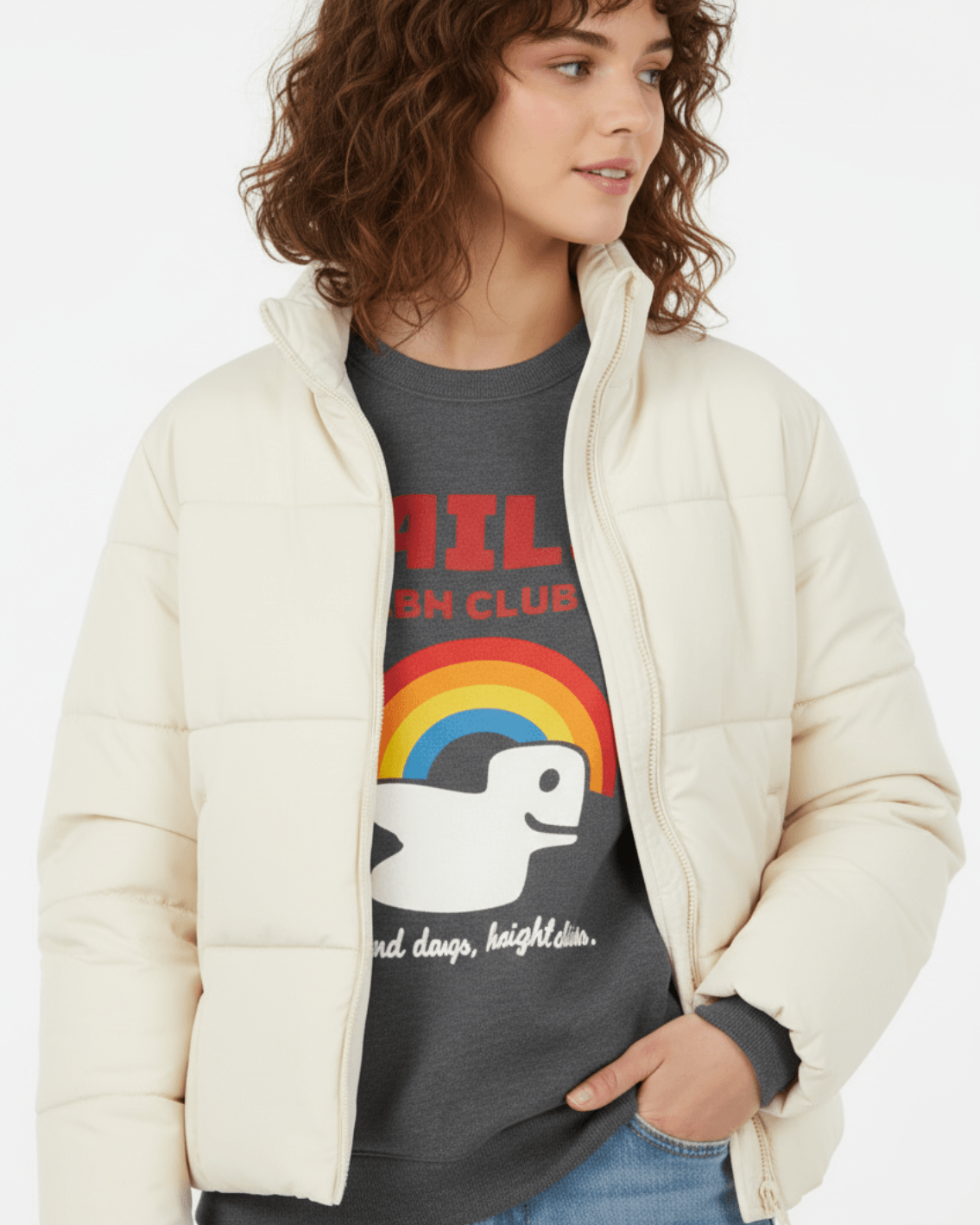 Taily RBW Club Sweatshirt – Charcoal Heather model wearing a cream puffer jacket with a colorful rainbow graphic.