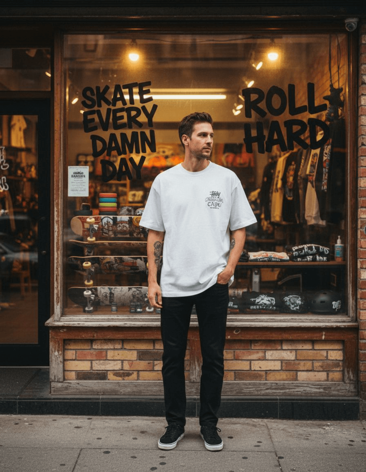Streetwear boxy t-shirt in white worn by a person standing outside a skate shop with bold lettering.