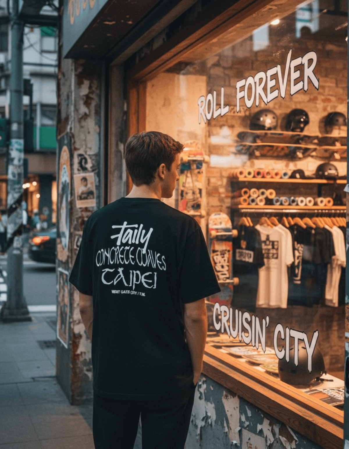 A person wearing a Taily Concrete Waves Taipei Streetwear Boxy T-Shirt in black, showcasing relaxed street style.