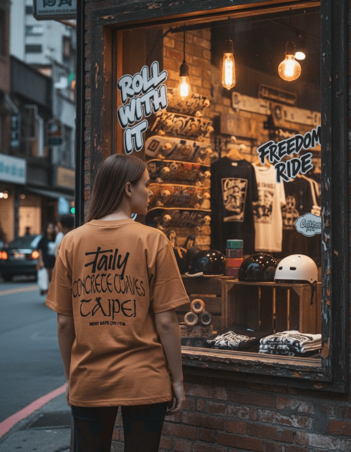Person wearing Taily Concrete Waves Taipei streetwear boxy t-shirt in toast color, showcasing relaxed street style.