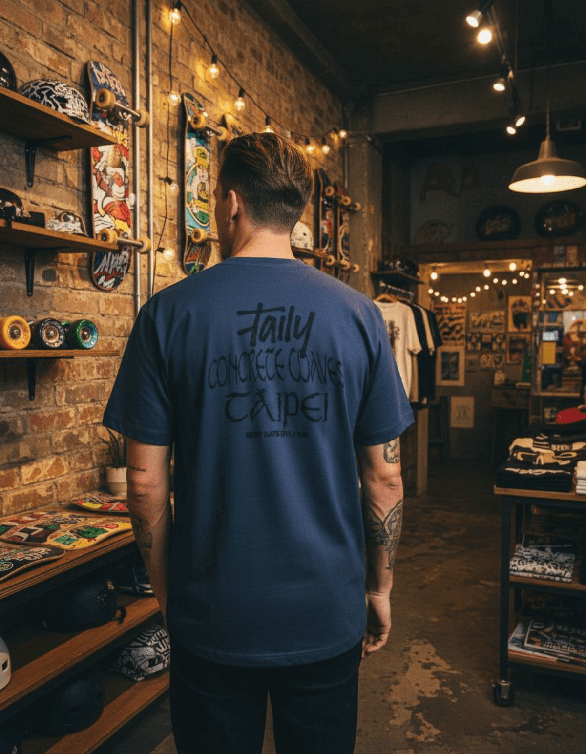 Model wearing Taily Concrete Waves Taipei Streetwear Boxy T-Shirt in navy, showcasing bold lettering on back.