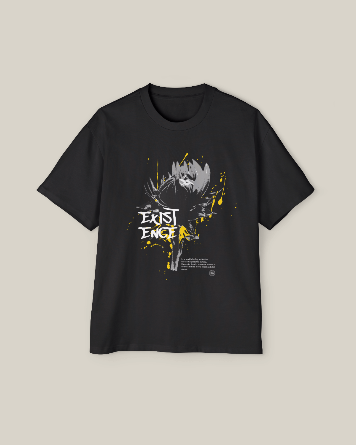Taily “Existence” Streetwear Oversized T-Shirt in black featuring abstract brush artwork and bold text.