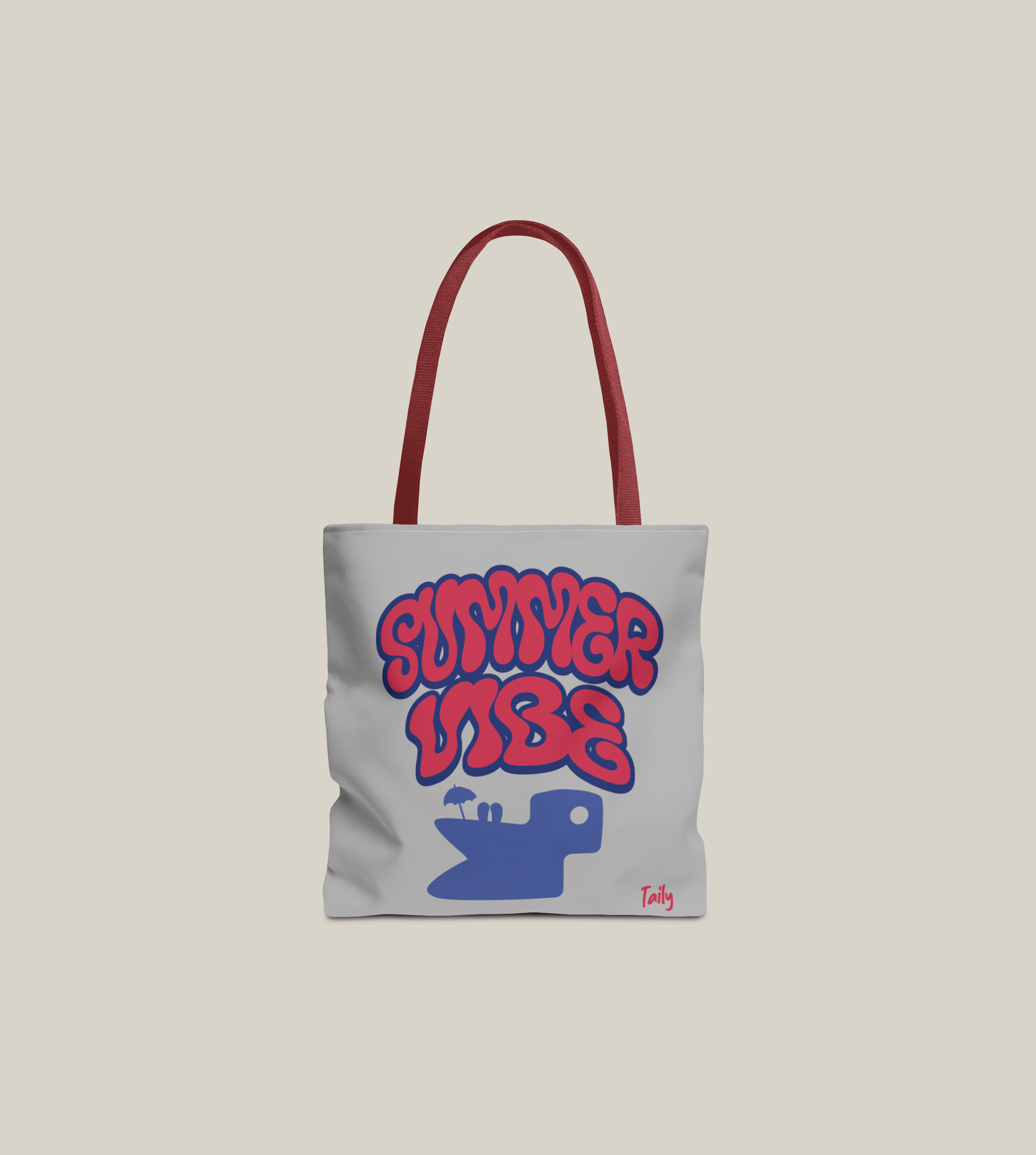 Summer Vibe Tote Bag in light grey with retro lettering and red handles by Taily Apparel.
