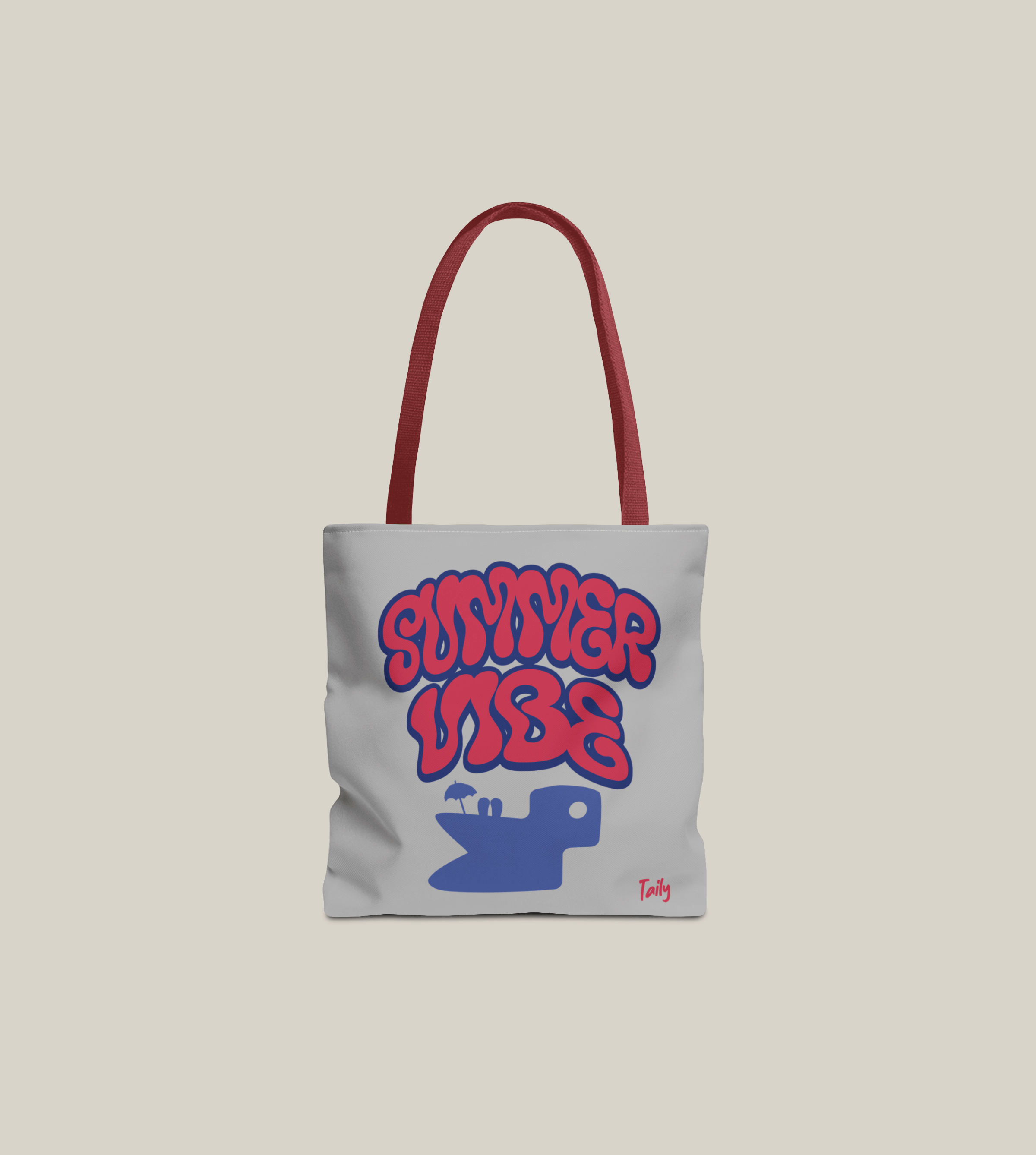 Light grey Summer Vibe tote bag with bold retro lettering and red handles from Taily Apparel.