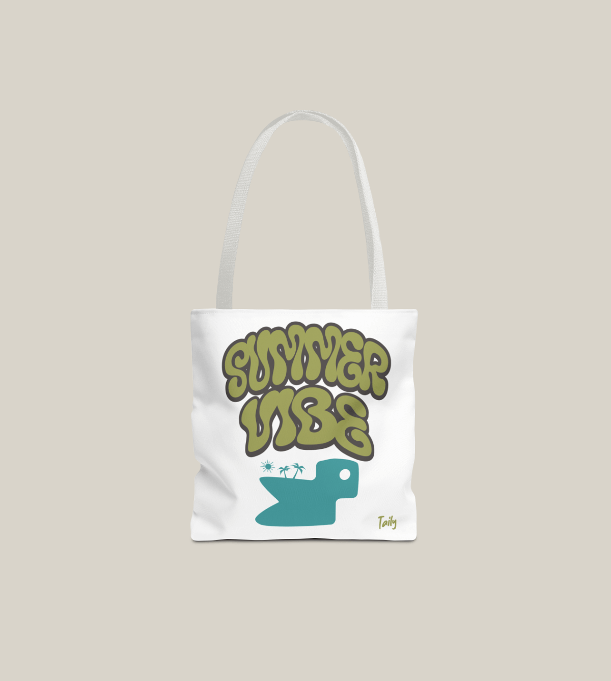 All-over graphic tote bag with 'SUMMER VIBE' print in bold colors, perfect for summer outings.