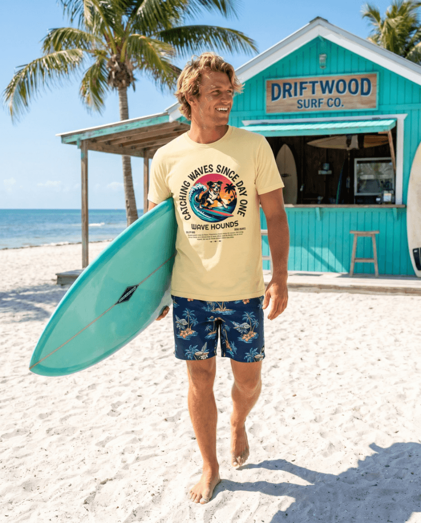 Man in Wave Hounds Surf Tee – Banana holding surfboard on beach in front of surf shop.