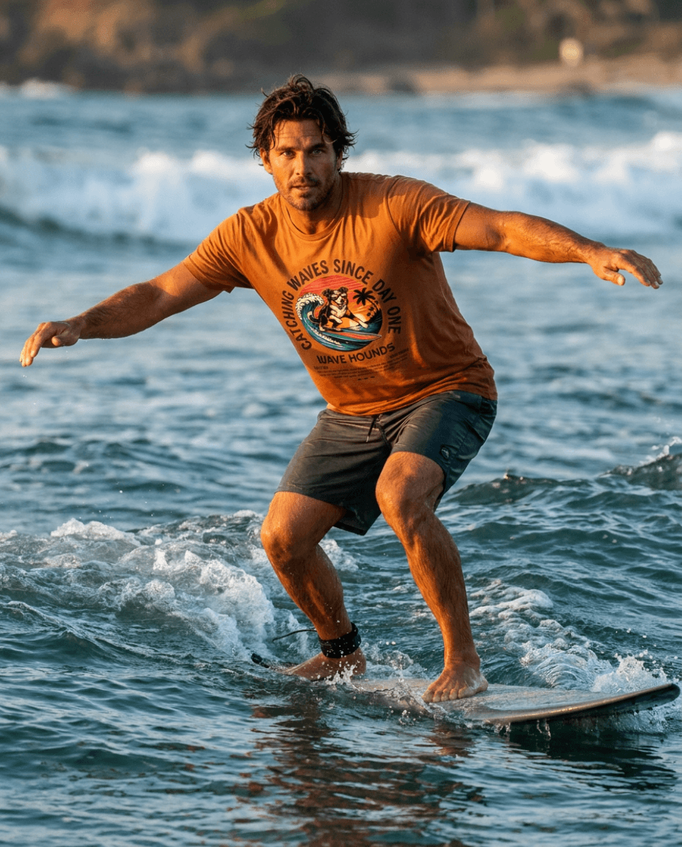 Wave Hounds Surf Tee – Yam worn by a surfer riding a wave at sunset.