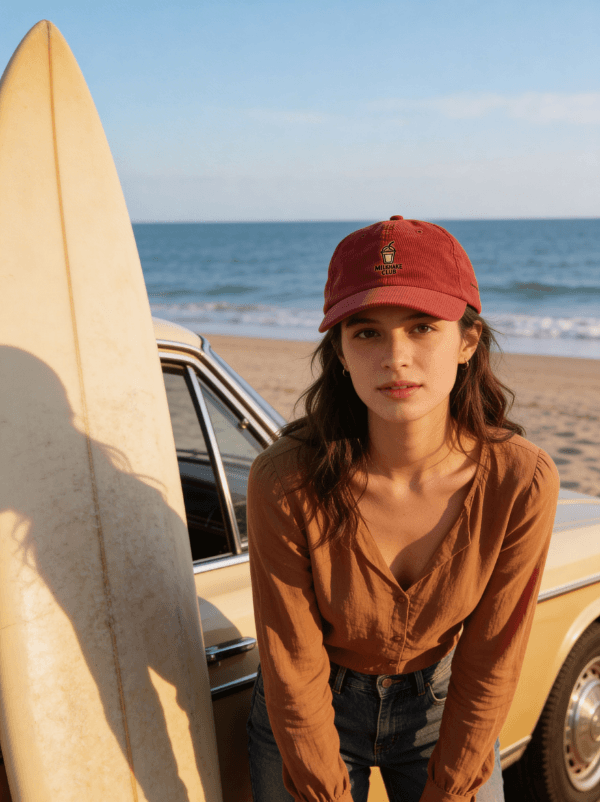 Embroidered Corduroy Cap – Milkshake Club (Burgundy) worn on the beach with surfboard and vintage car.