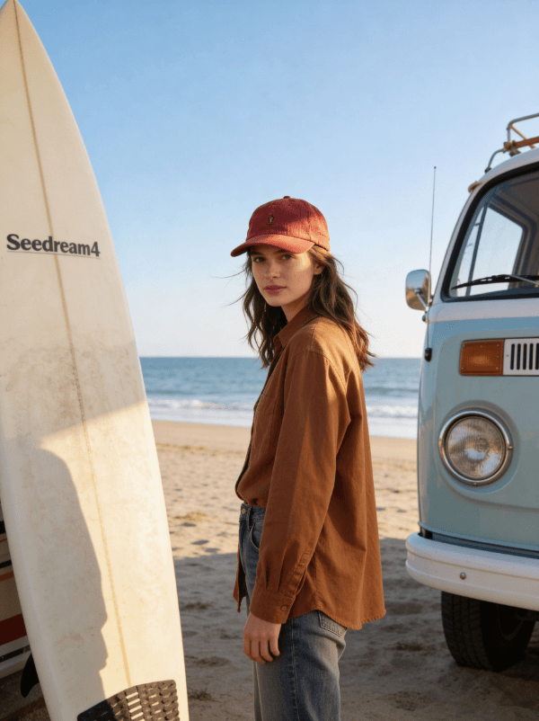 Embroidered Corduroy Cap – Milkshake Club (Burgundy) worn on a sunny beach day with surfboard and vintage van backdrop.