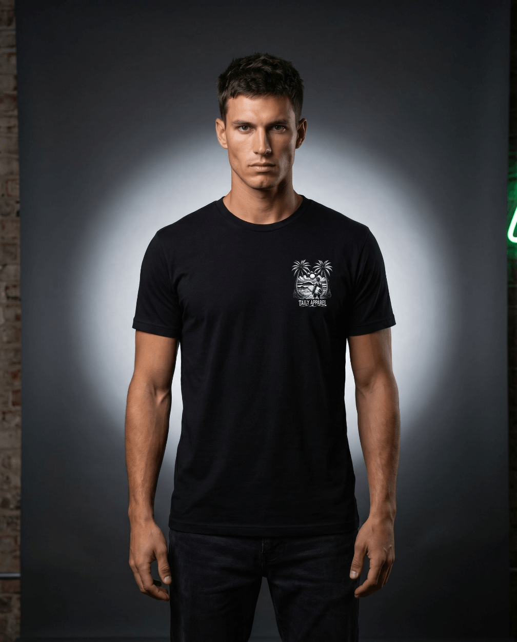 Man wearing Soul Surfer Malibu Tee with palm tree graphic on chest, set against a dark background.