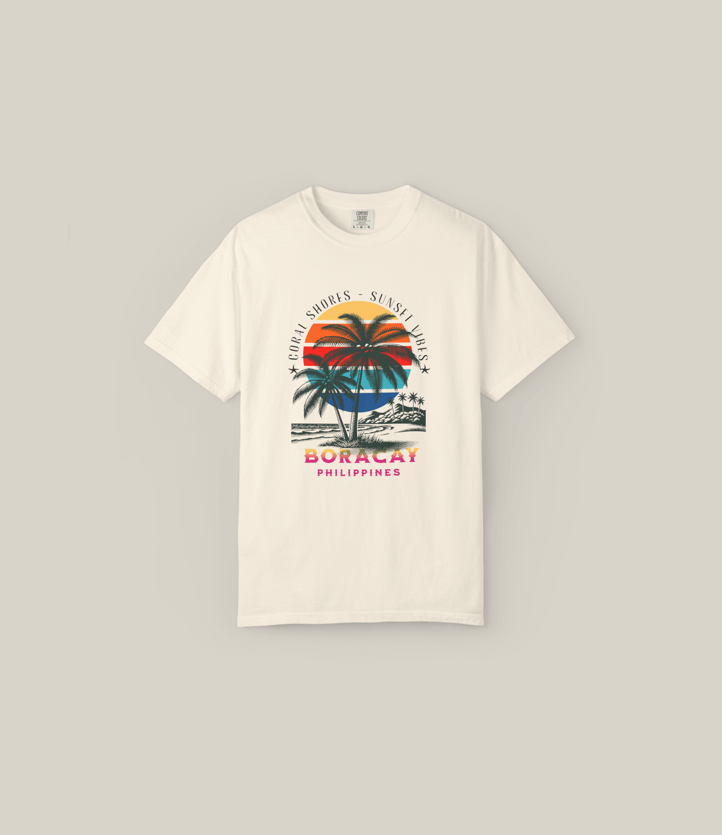 Boracay Sunset Vibes T-Shirt featuring palm trees and beach graphics, embodying tropical summer spirit.