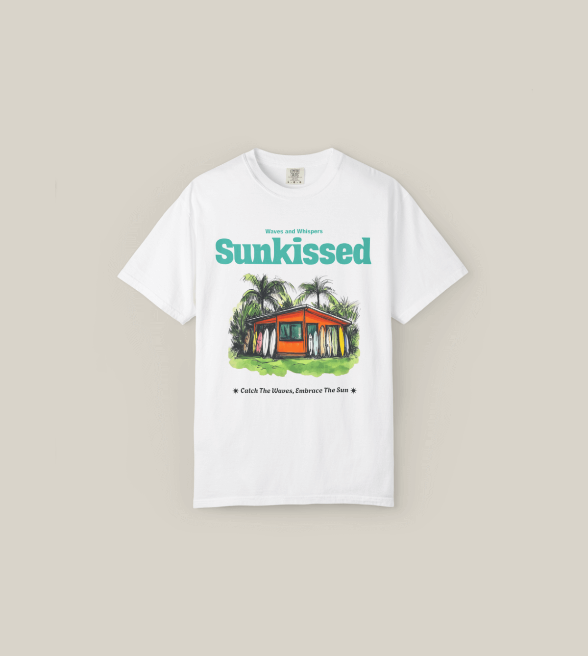 Sunkissed Surf Shack T-Shirt featuring a colorful hand-drawn design of a surf shack and tropical palms on a white background.