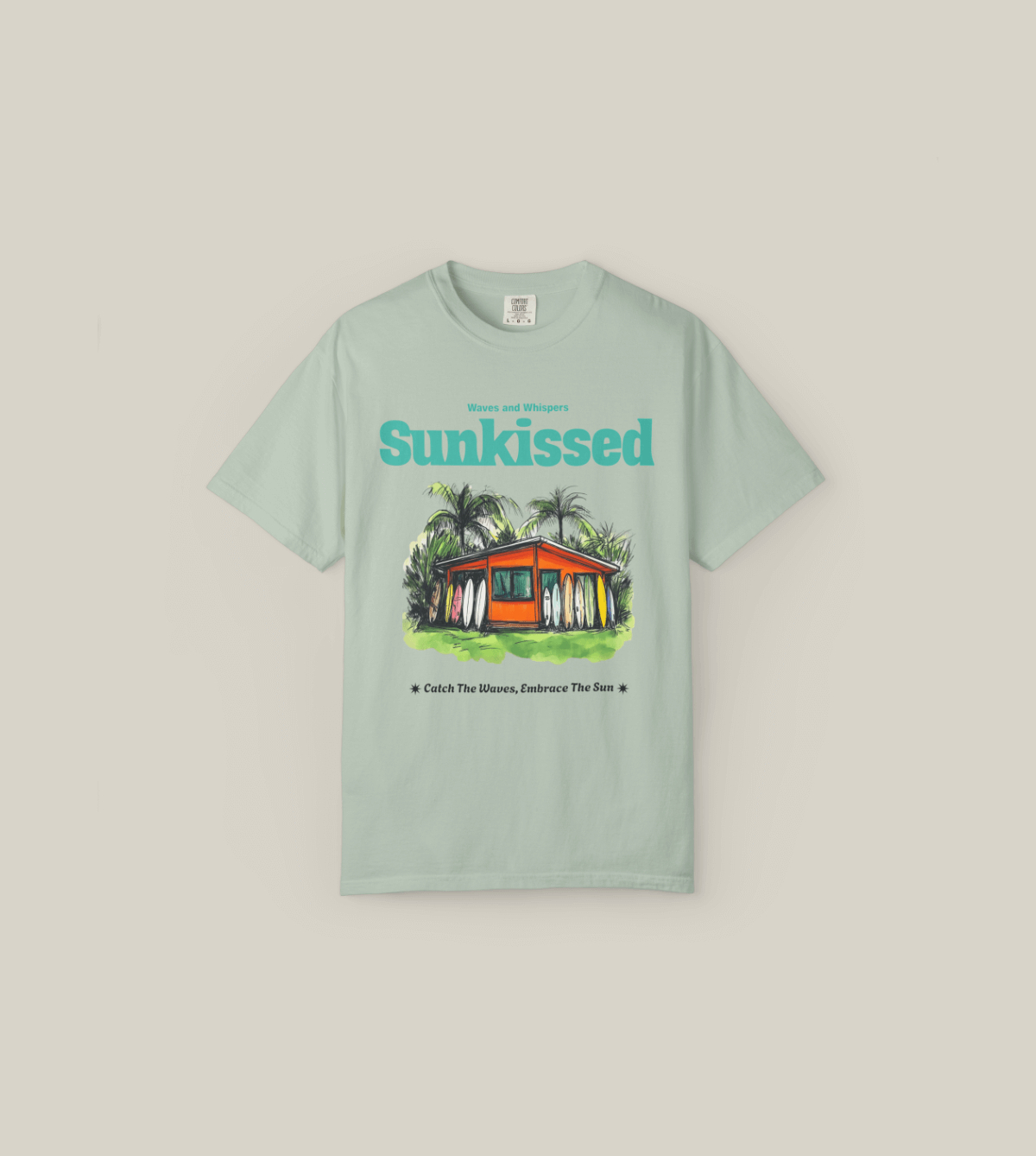 Sunkissed Surf Shack T-Shirt featuring a hand-drawn surf shack design, perfect for beach lovers and summer adventures.