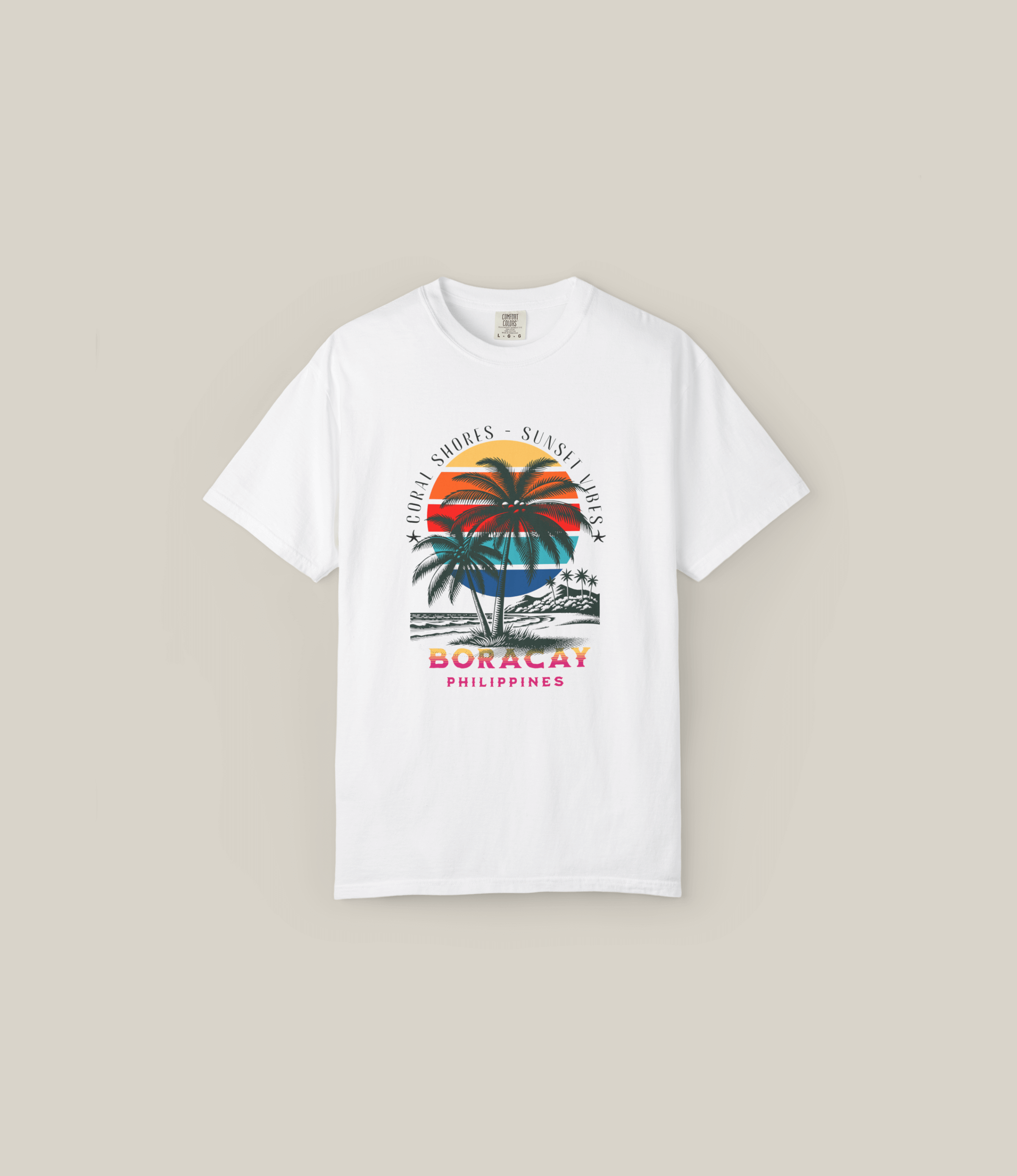 Boracay Sunset Vibes T-Shirt featuring vibrant palm tree graphics and sunset design, perfect for summer lovers and beach enthusiasts.
