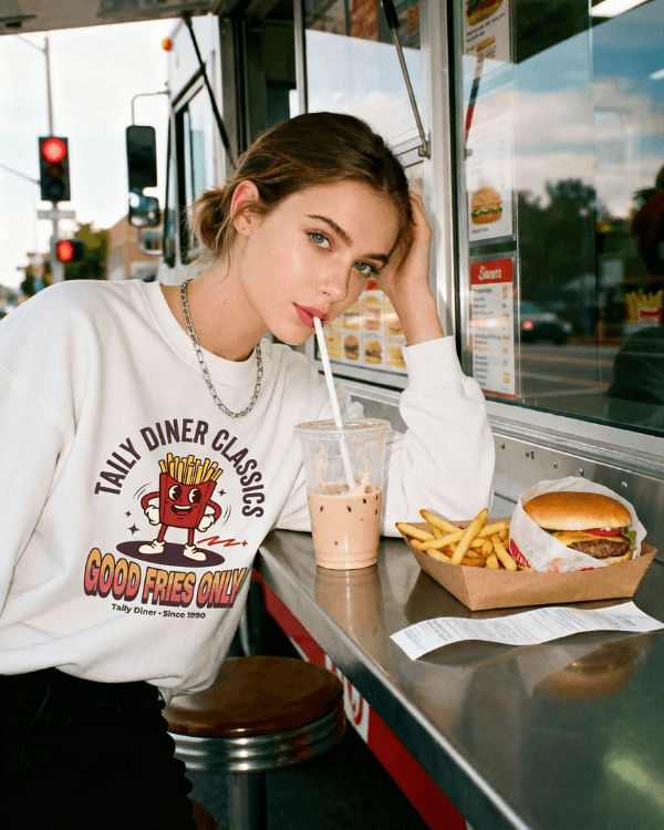 Model wearing Good Fries Only Sweatshirt – Taily Diner (White) sipping a drink at a diner with fries and a burger.