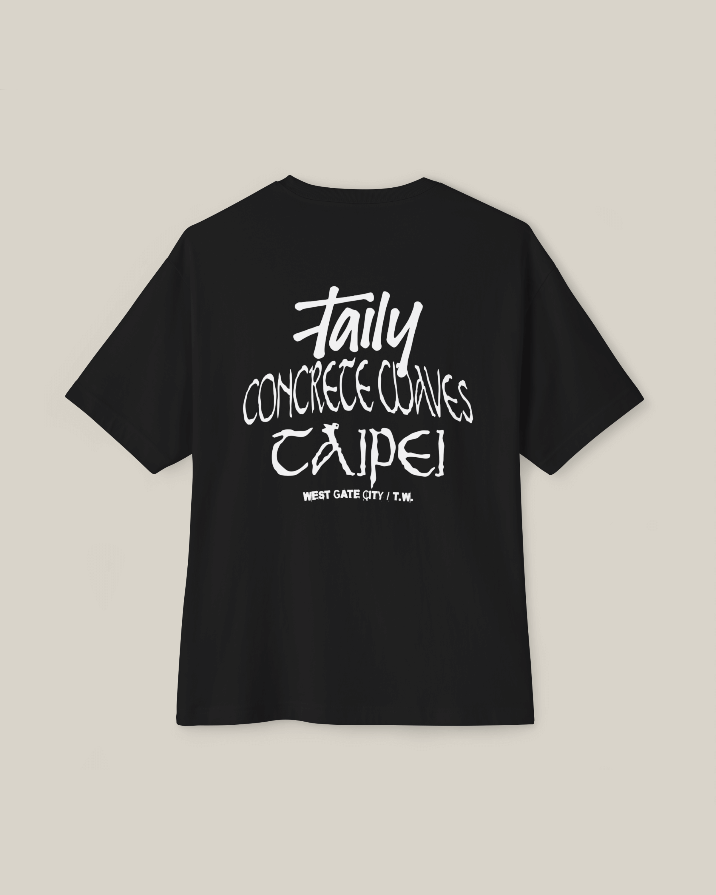 Back view of Taily Concrete Waves Taipei Streetwear Boxy T-Shirt in black featuring bold TAIPEI lettering.